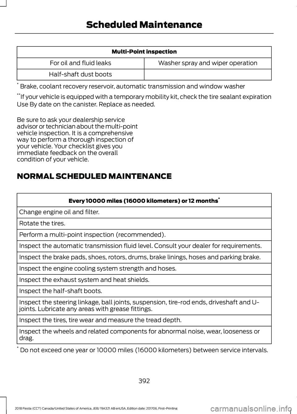 FORD FIESTA 2018 Owners Manual Multi-Point inspection
Washer spray and wiper operation
For oil and fluid leaks
Half-shaft dust boots
* Brake, coolant recovery reservoir, automatic transmission and window washer
** If your vehicle FORD FIESTA 2018 Owners Manual Multi-Point inspection
Washer spray and wiper operation
For oil and fluid leaks
Half-shaft dust boots
* Brake, coolant recovery reservoir, automatic transmission and window washer
** If your vehicle