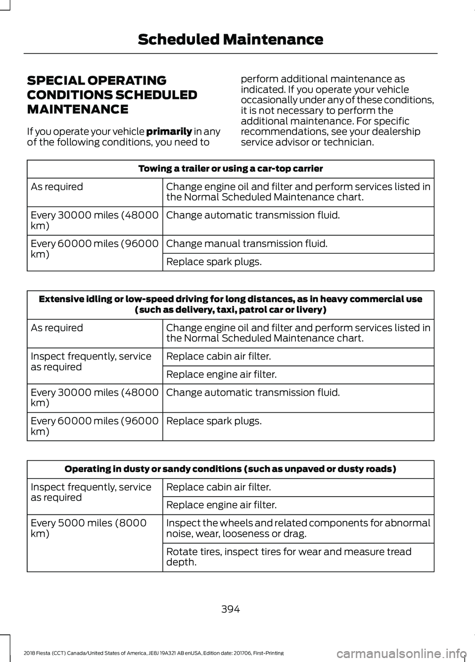 FORD FIESTA 2018 Owners Manual SPECIAL OPERATING
CONDITIONS SCHEDULED
MAINTENANCE
If you operate your vehicle primarily in any
of the following conditions, you need to perform additional maintenance as
indicated. If you operate you FORD FIESTA 2018 Owners Manual SPECIAL OPERATING
CONDITIONS SCHEDULED
MAINTENANCE
If you operate your vehicle primarily in any
of the following conditions, you need to perform additional maintenance as
indicated. If you operate you