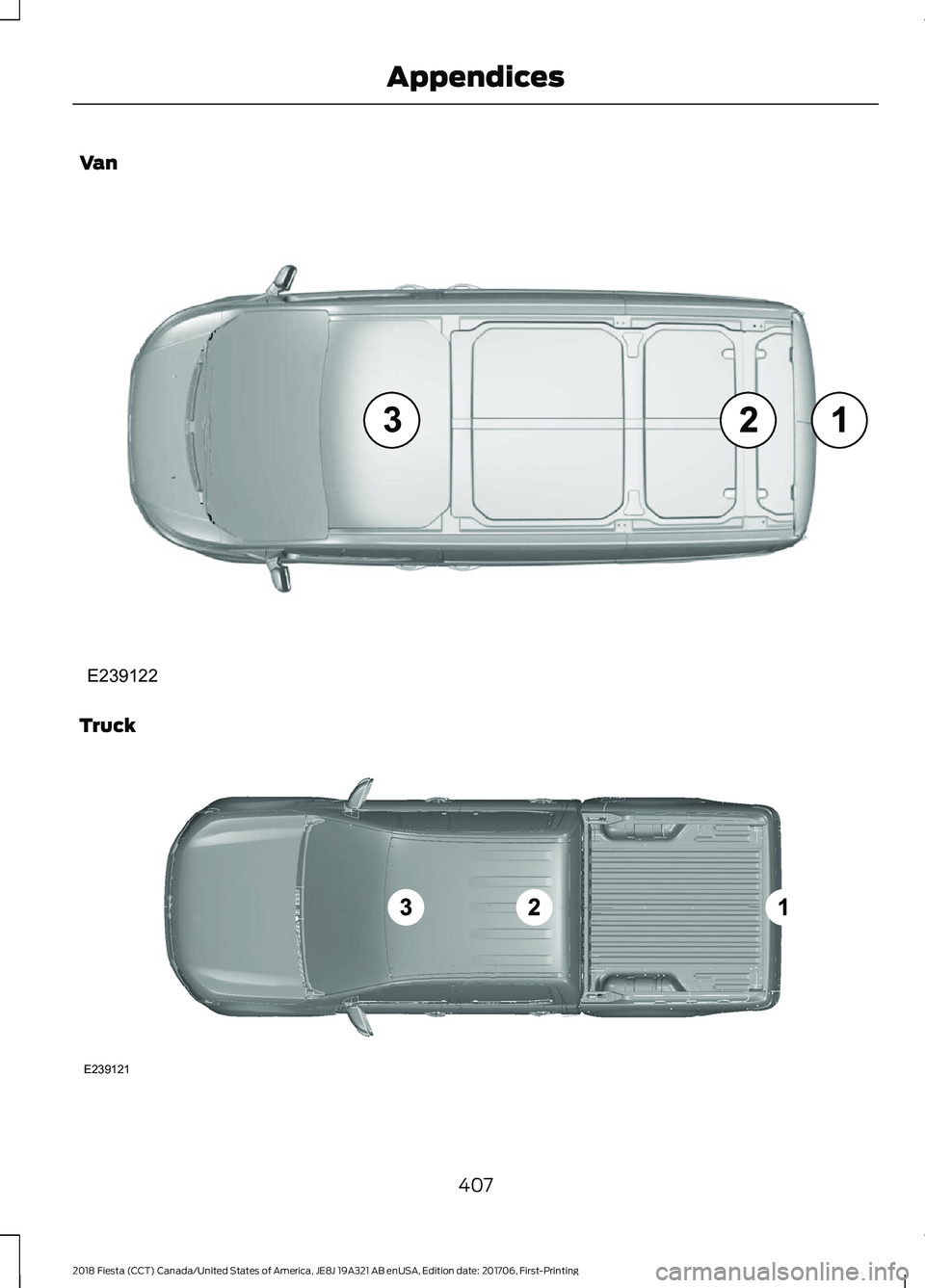 FORD FIESTA 2018  Owners Manual Van
Truck
407
2018 Fiesta (CCT) Canada/United States of America, JE8J 19A321 AB enUSA, Edition date: 201706, First-Printing AppendicesE239122 E239121  