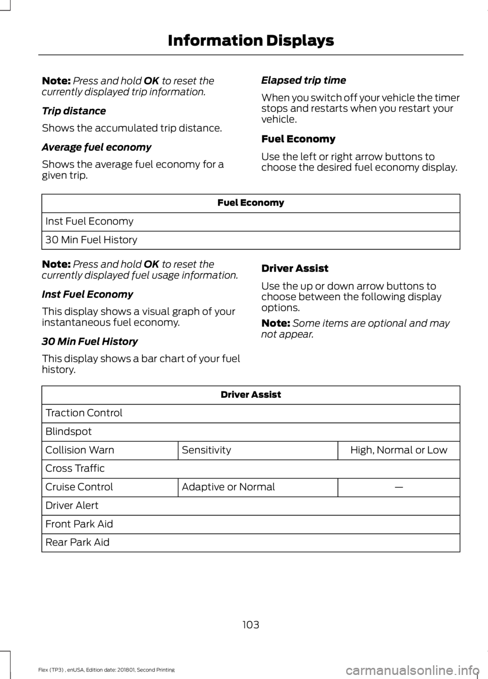 FORD FLEX 2018 Owners Manual Note:
Press and hold OK to reset the
currently displayed trip information.
Trip distance
Shows the accumulated trip distance.
Average fuel economy
Shows the average fuel economy for a
given trip. Elap FORD FLEX 2018 Owners Manual Note:
Press and hold OK to reset the
currently displayed trip information.
Trip distance
Shows the accumulated trip distance.
Average fuel economy
Shows the average fuel economy for a
given trip. Elap