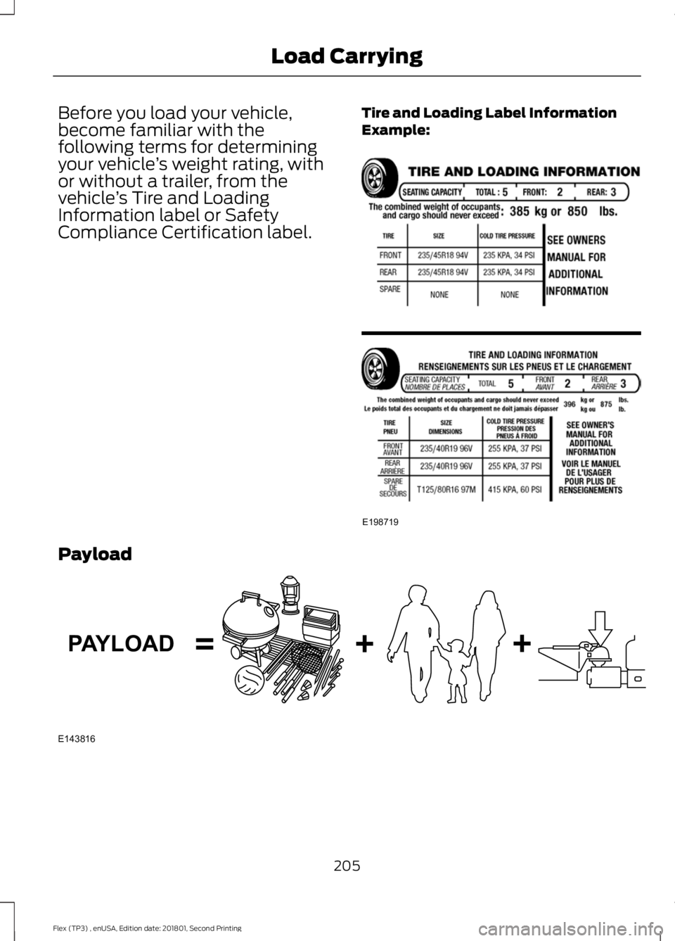 FORD FLEX 2018  Owners Manual Before you load your vehicle,
become familiar with the
following terms for determining
your vehicle
’s weight rating, with
or without a trailer, from the
vehicle ’s Tire and Loading
Information la