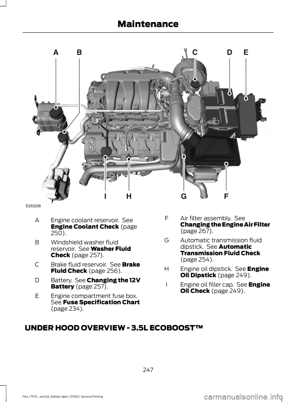 FORD FLEX 2018 Owners Manual Engine coolant reservoir. See
Engine Coolant Check (page
250).
A
Windshield washer fluid
reservoir. See
Washer Fluid
Check (page 257).
B
Brake fluid reservoir. See
Brake
Fluid Check (page 256).
C FORD FLEX 2018 Owners Manual Engine coolant reservoir. See
Engine Coolant Check (page
250).
A
Windshield washer fluid
reservoir. See
Washer Fluid
Check (page 257).
B
Brake fluid reservoir. See
Brake
Fluid Check (page 256).
C