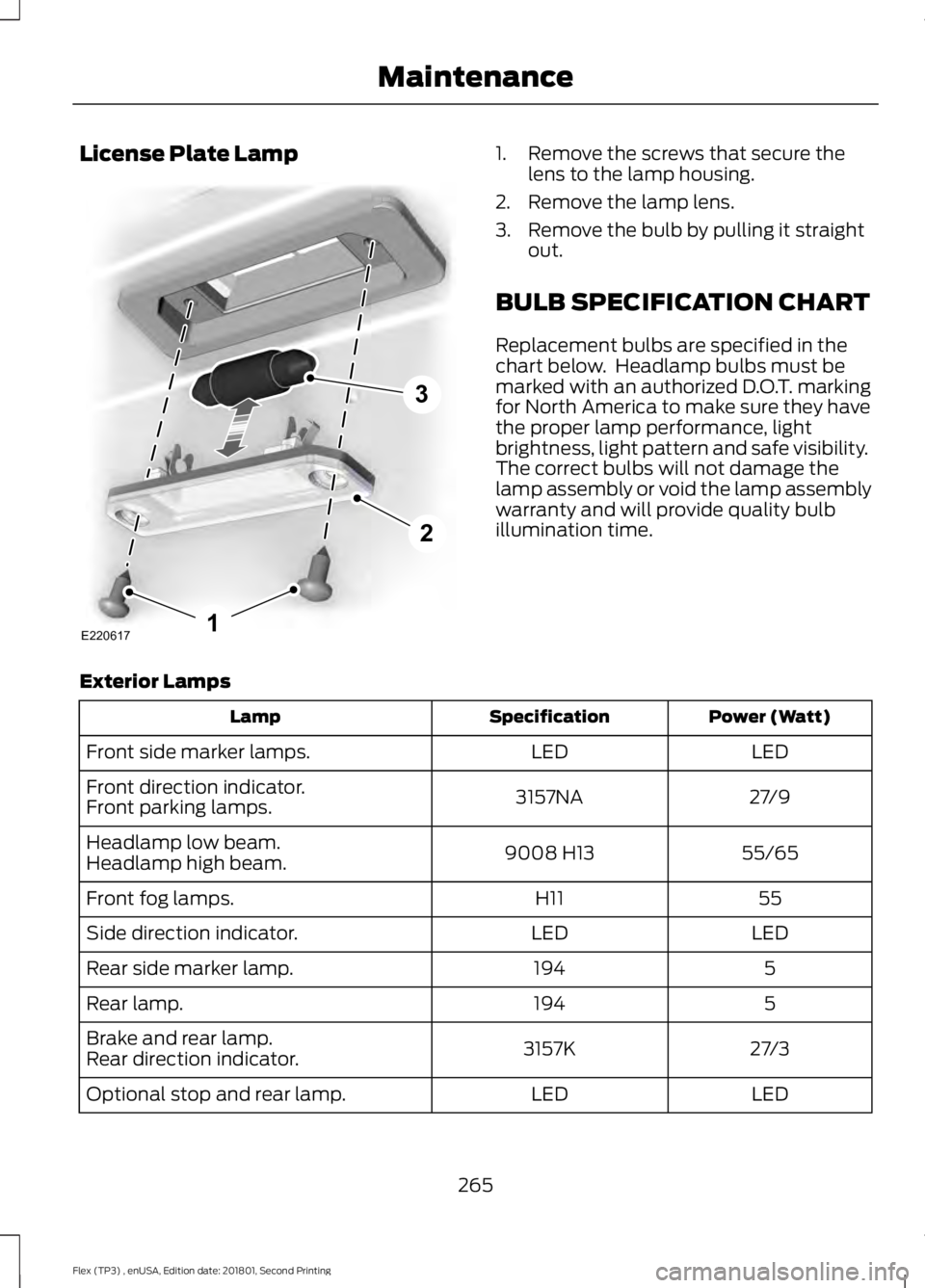 FORD FLEX 2018 User Guide License Plate Lamp 1. Remove the screws that secure the
lens to the lamp housing.
2. Remove the lamp lens.
3. Remove the bulb by pulling it straight out.
BULB SPECIFICATION CHART
Replacement bulbs are FORD FLEX 2018 User Guide License Plate Lamp 1. Remove the screws that secure the
lens to the lamp housing.
2. Remove the lamp lens.
3. Remove the bulb by pulling it straight out.
BULB SPECIFICATION CHART
Replacement bulbs are