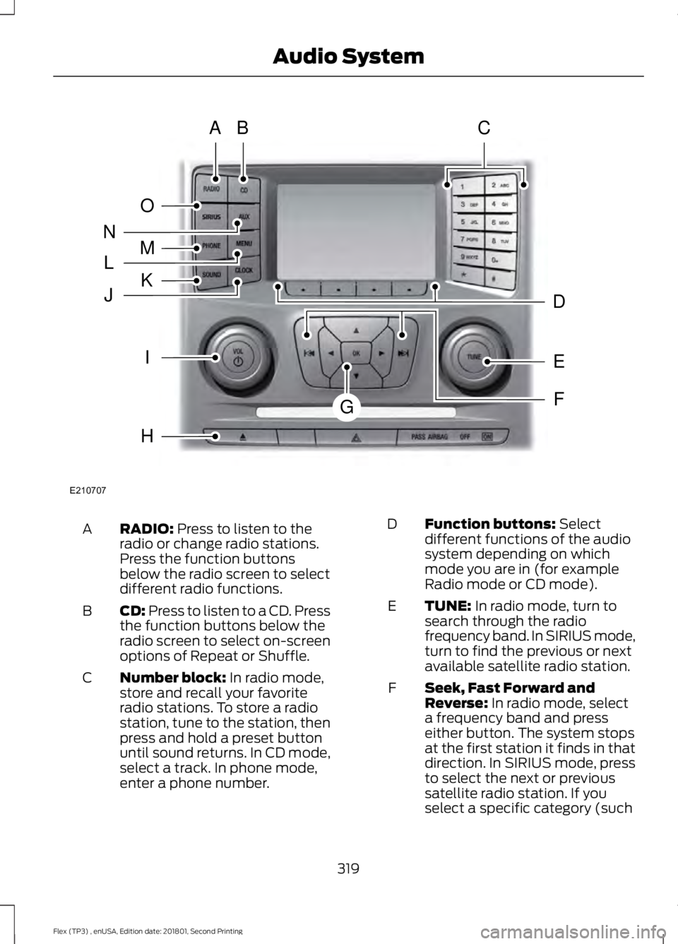 FORD FLEX 2018  Owners Manual RADIO: Press to listen to the
radio or change radio stations.
Press the function buttons
below the radio screen to select
different radio functions.
A
CD:
 Press to listen to a CD. Press
the function 