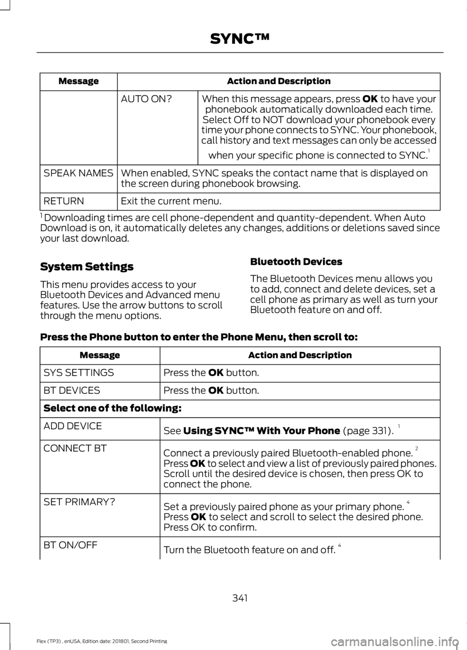 FORD FLEX 2018 Owners Manual Action and Description
Message
When this message appears, press OK to have your
phonebook automatically downloaded each time.
AUTO ON?
Select Off to NOT download your phonebook every
time your phone c FORD FLEX 2018 Owners Manual Action and Description
Message
When this message appears, press OK to have your
phonebook automatically downloaded each time.
AUTO ON?
Select Off to NOT download your phonebook every
time your phone c