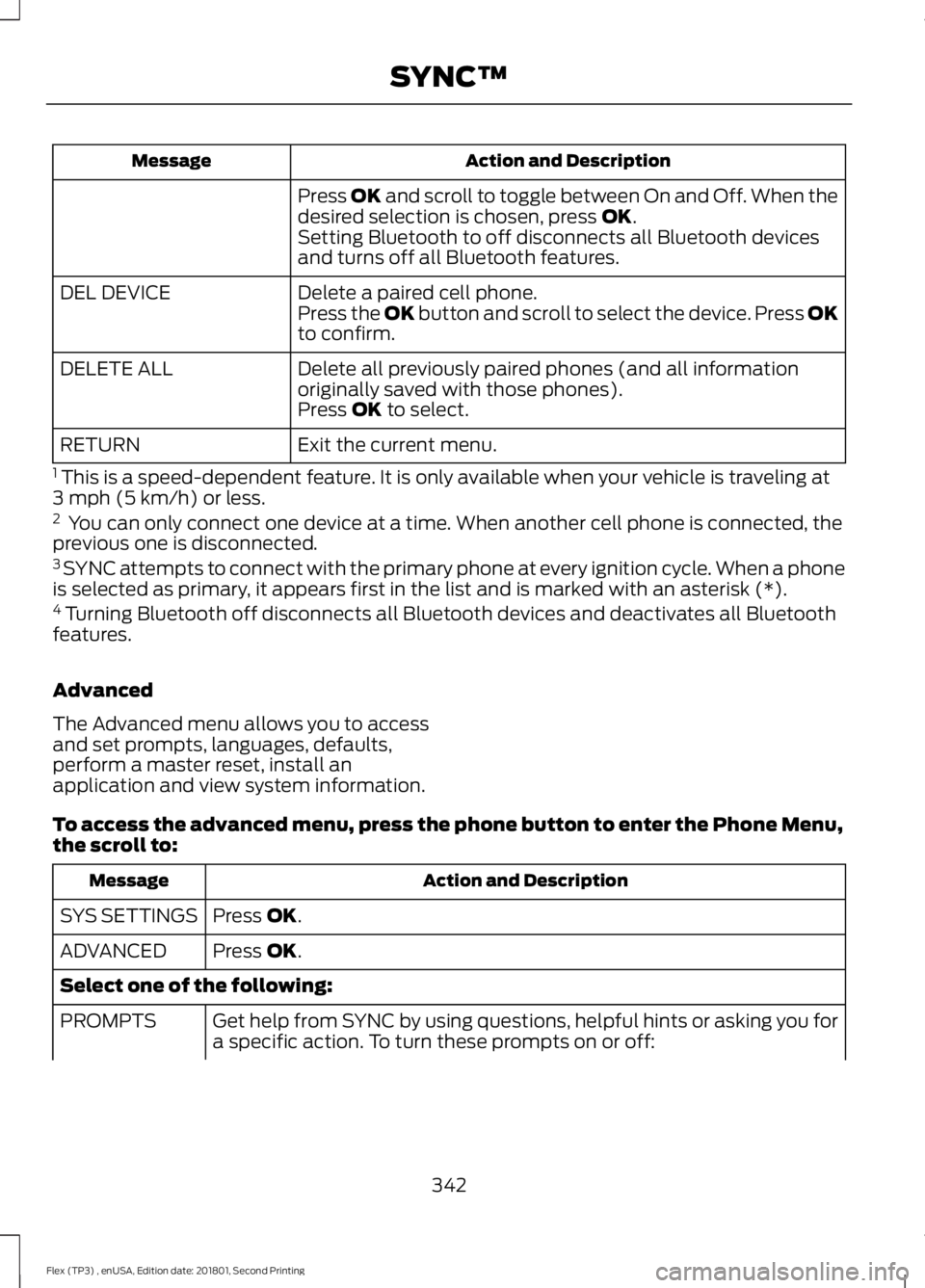 FORD FLEX 2018  Owners Manual Action and Description
Message
Press OK and scroll to toggle between On and Off. When the
desired selection is chosen, press OK.
Setting Bluetooth to off disconnects all Bluetooth devices
and turns of