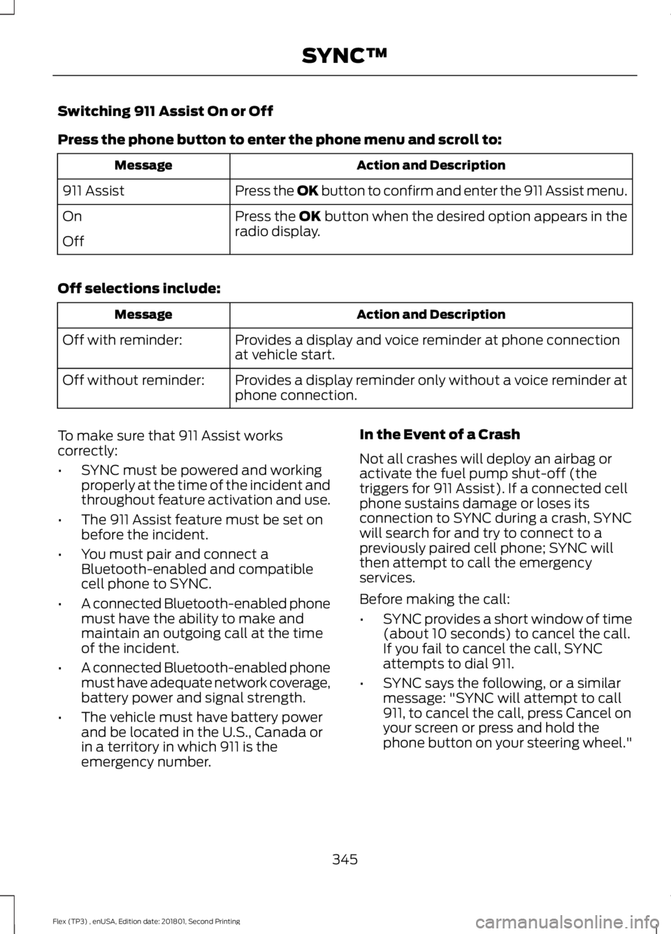 FORD FLEX 2018  Owners Manual Switching 911 Assist On or Off
Press the phone button to enter the phone menu and scroll to:
Action and Description
Message
Press the OK button to confirm and enter the 911 Assist menu.
911 Assist
Pre