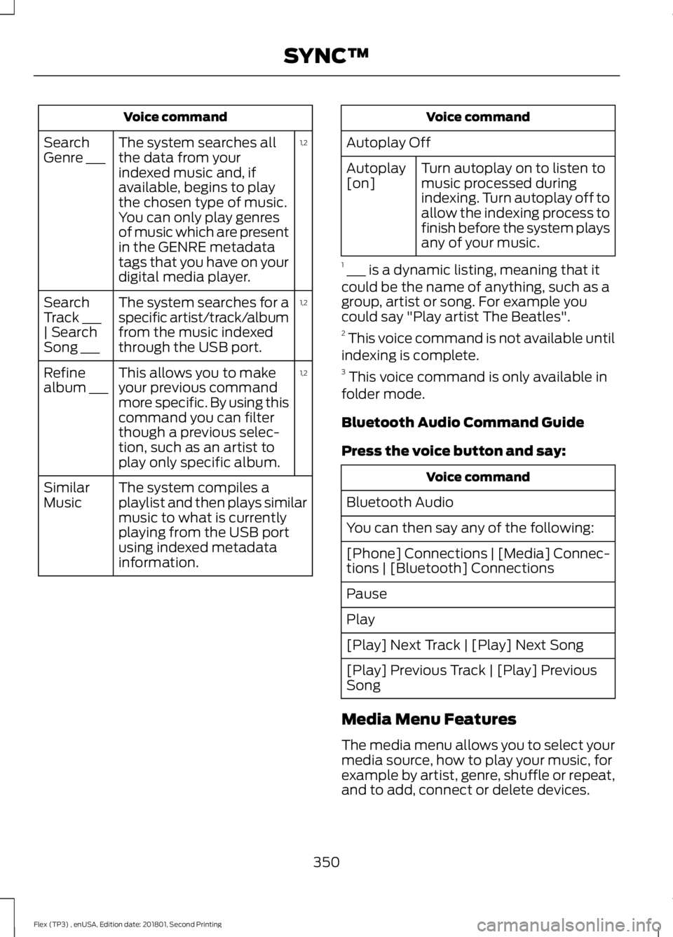 FORD FLEX 2018 Owners Manual Voice command
1,2
The system searches all
the data from your
indexed music and, if
available, begins to play
the chosen type of music.
You can only play genres
of music which are present
in the GENRE FORD FLEX 2018 Owners Manual Voice command
1,2
The system searches all
the data from your
indexed music and, if
available, begins to play
the chosen type of music.
You can only play genres
of music which are present
in the GENRE