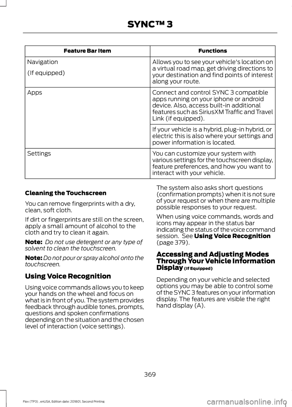 FORD FLEX 2018 Owners Manual Functions
Feature Bar Item
Allows you to see your vehicle's location on
a virtual road map, get driving directions to
your destination and find points of interest
along your route.
Navigation
(If FORD FLEX 2018 Owners Manual Functions
Feature Bar Item
Allows you to see your vehicle's location on
a virtual road map, get driving directions to
your destination and find points of interest
along your route.
Navigation
(If