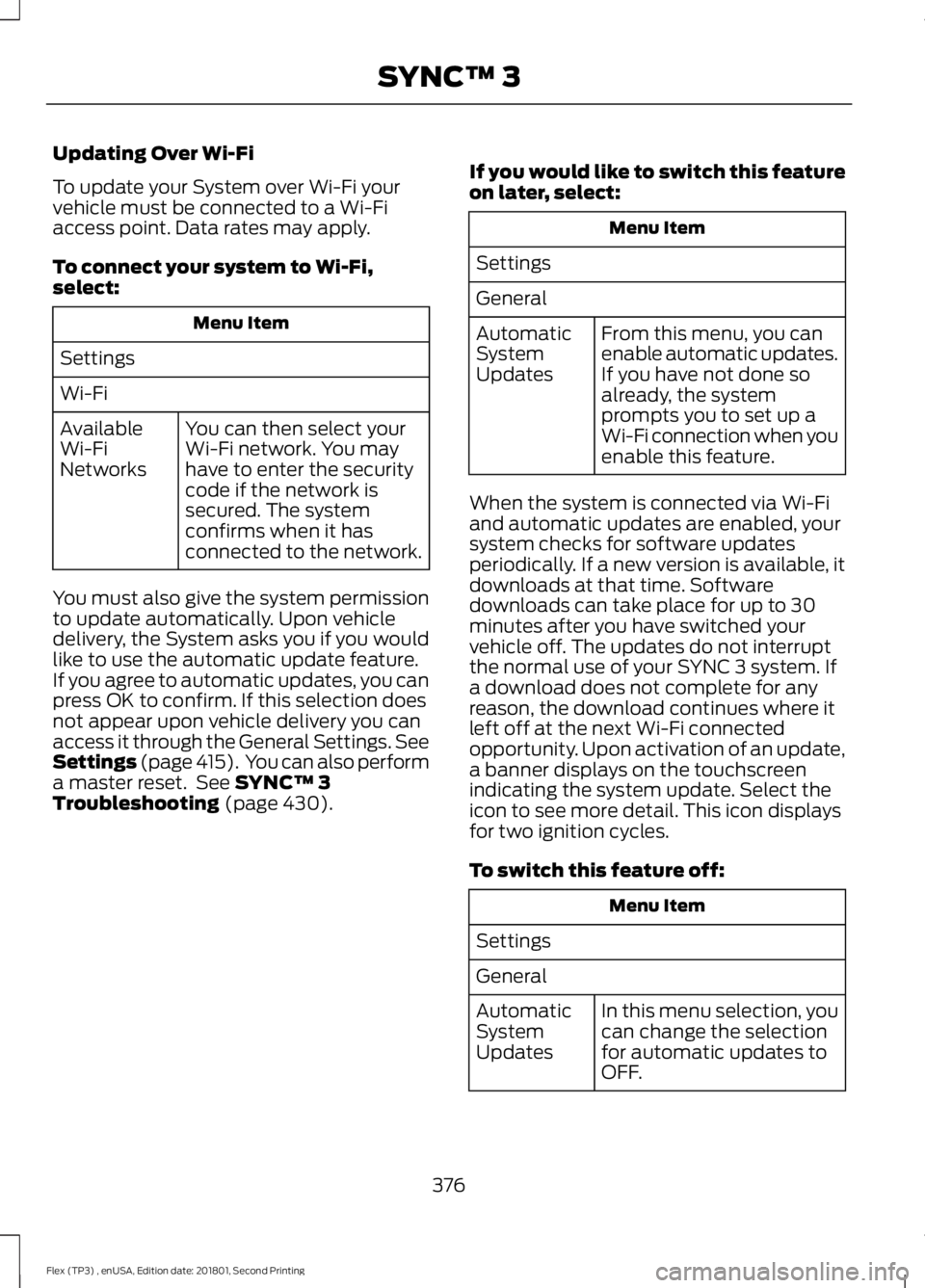 FORD FLEX 2018 Owners Manual Updating Over Wi-Fi
To update your System over Wi-Fi your
vehicle must be connected to a Wi-Fi
access point. Data rates may apply.
To connect your system to Wi-Fi,
select:
Menu Item
Settings
Wi-Fi You FORD FLEX 2018 Owners Manual Updating Over Wi-Fi
To update your System over Wi-Fi your
vehicle must be connected to a Wi-Fi
access point. Data rates may apply.
To connect your system to Wi-Fi,
select:
Menu Item
Settings
Wi-Fi You