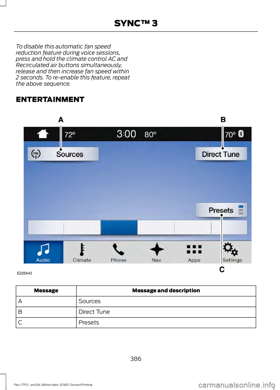 FORD FLEX 2018 Owners Manual To disable this automatic fan speed
reduction feature during voice sessions,
press and hold the climate control AC and
Recirculated air buttons simultaneously,
release and then increase fan speed with FORD FLEX 2018 Owners Manual To disable this automatic fan speed
reduction feature during voice sessions,
press and hold the climate control AC and
Recirculated air buttons simultaneously,
release and then increase fan speed with