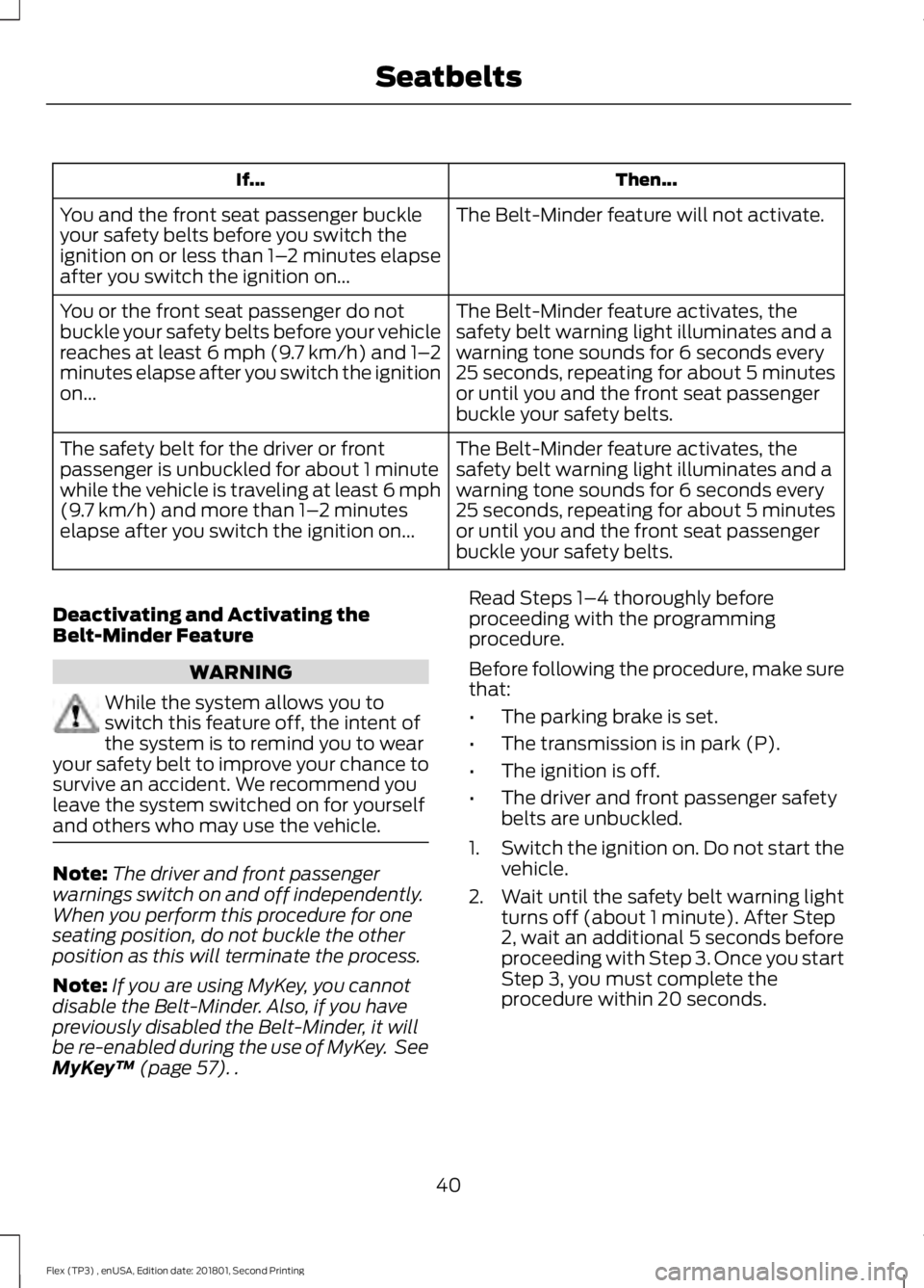 FORD FLEX 2018 Owners Manual Then...
If...
The Belt-Minder feature will not activate.
You and the front seat passenger buckle
your safety belts before you switch the
ignition on or less than 1– 2 minutes elapse
after you switch FORD FLEX 2018 Owners Manual Then...
If...
The Belt-Minder feature will not activate.
You and the front seat passenger buckle
your safety belts before you switch the
ignition on or less than 1– 2 minutes elapse
after you switch