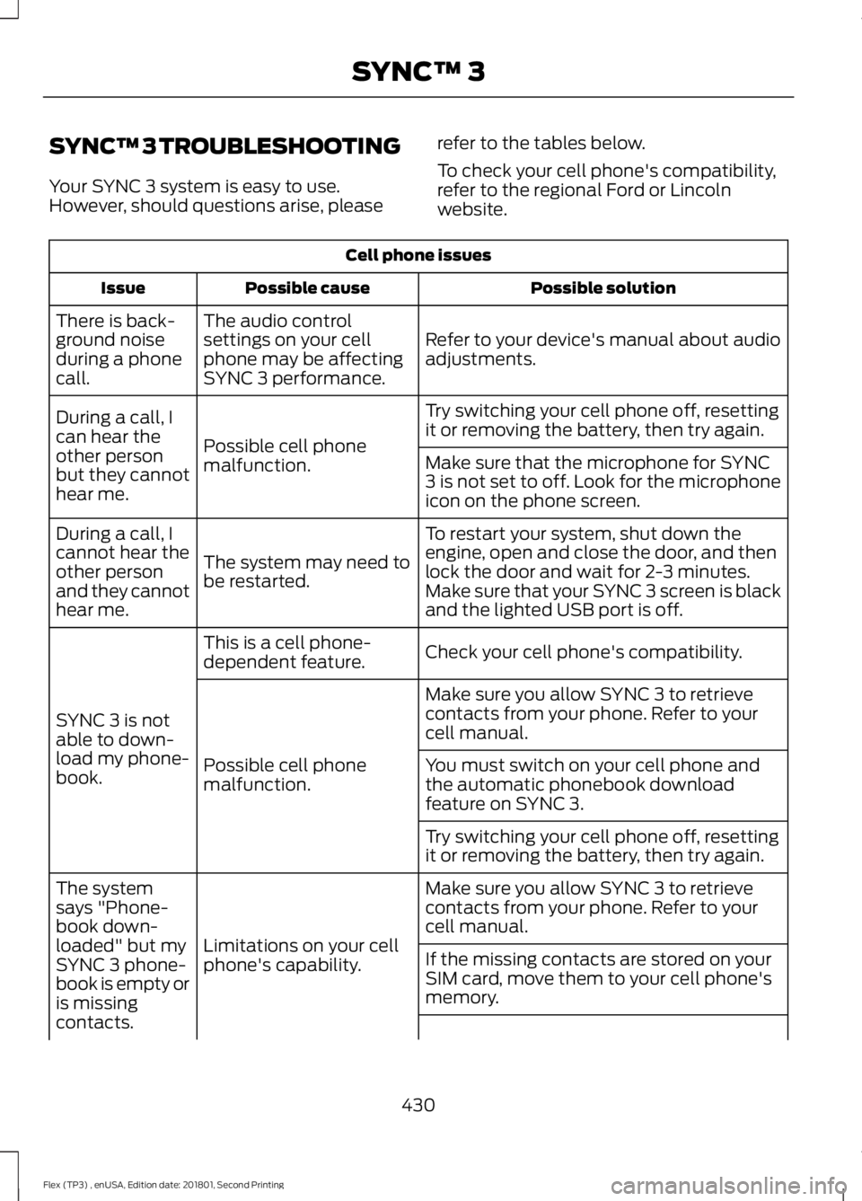 FORD FLEX 2018 User Guide SYNC™ 3 TROUBLESHOOTING
Your SYNC 3 system is easy to use.
However, should questions arise, please
refer to the tables below.
To check your cell phone's compatibility,
refer to the regional Ford FORD FLEX 2018 User Guide SYNC™ 3 TROUBLESHOOTING
Your SYNC 3 system is easy to use.
However, should questions arise, please
refer to the tables below.
To check your cell phone's compatibility,
refer to the regional Ford