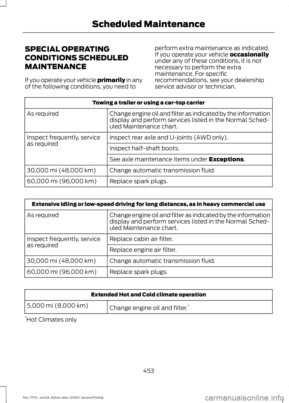 FORD FLEX 2018 Owners Manual SPECIAL OPERATING
CONDITIONS SCHEDULED
MAINTENANCE
If you operate your vehicle primarily in any
of the following conditions, you need to perform extra maintenance as indicated.
If you operate your veh FORD FLEX 2018 Owners Manual SPECIAL OPERATING
CONDITIONS SCHEDULED
MAINTENANCE
If you operate your vehicle primarily in any
of the following conditions, you need to perform extra maintenance as indicated.
If you operate your veh