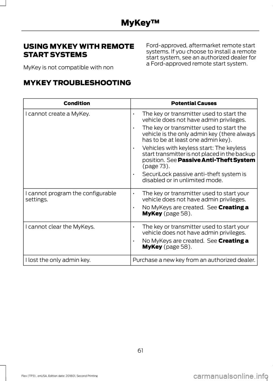 FORD FLEX 2018 Owners Manual USING MYKEY WITH REMOTE
START SYSTEMS
MyKey is not compatible with non
Ford-approved, aftermarket remote start
systems. If you choose to install a remote
start system, see an authorized dealer for
a F FORD FLEX 2018 Owners Manual USING MYKEY WITH REMOTE
START SYSTEMS
MyKey is not compatible with non
Ford-approved, aftermarket remote start
systems. If you choose to install a remote
start system, see an authorized dealer for
a F
