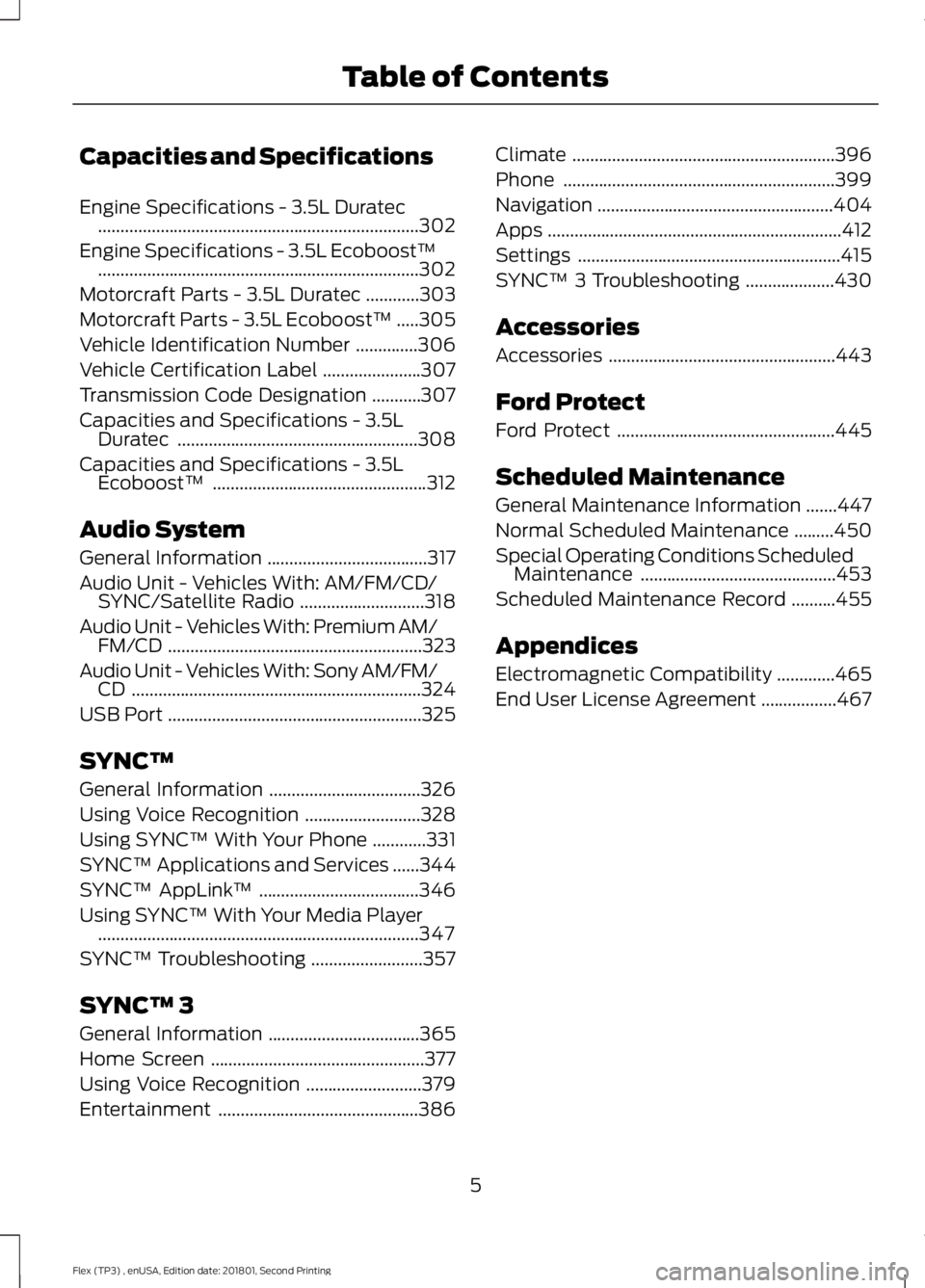 FORD FLEX 2018 Owners Manual Capacities and Specifications
Engine Specifications - 3.5L Duratec
........................................................................\
302
Engine Specifications - 3.5L Ecoboost™ .............. FORD FLEX 2018 Owners Manual Capacities and Specifications
Engine Specifications - 3.5L Duratec
........................................................................\
302
Engine Specifications - 3.5L Ecoboost™ ..............