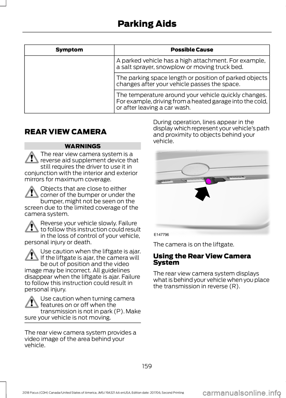 FORD FOCUS 2018 Owners Manual Possible CauseSymptom
A parked vehicle has a high attachment. For example,a salt sprayer, snowplow or moving truck bed.
The parking space length or position of parked objectschanges after your vehicle FORD FOCUS 2018 Owners Manual Possible CauseSymptom
A parked vehicle has a high attachment. For example,a salt sprayer, snowplow or moving truck bed.
The parking space length or position of parked objectschanges after your vehicle