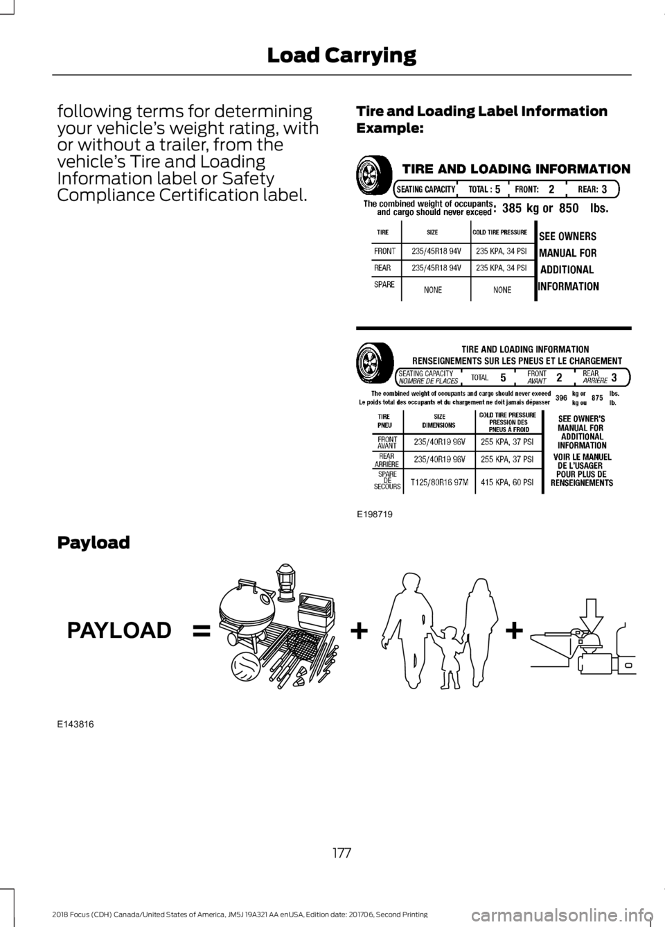 FORD FOCUS 2018 Owners Manual following terms for determiningyour vehicle’s weight rating, withor without a trailer, from thevehicle’s Tire and LoadingInformation label or SafetyCompliance Certification label.
Tire and Loading FORD FOCUS 2018 Owners Manual following terms for determiningyour vehicle’s weight rating, withor without a trailer, from thevehicle’s Tire and LoadingInformation label or SafetyCompliance Certification label.
Tire and Loading