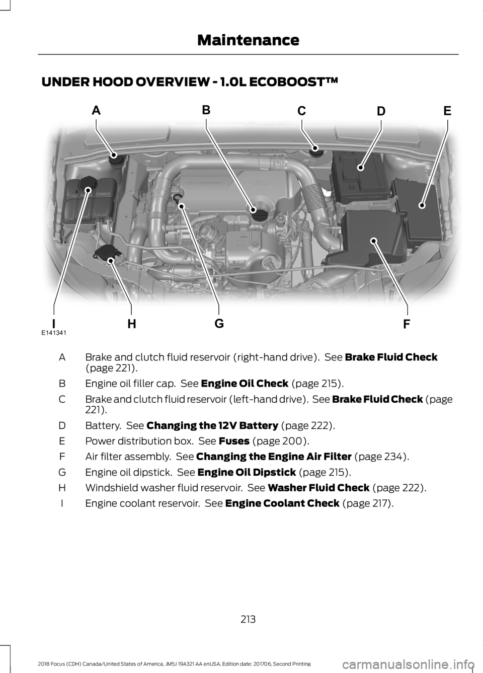 FORD FOCUS 2018 Owners Manual UNDER HOOD OVERVIEW - 1.0L ECOBOOST™
Brake and clutch fluid reservoir (right-hand drive). See Brake Fluid Check(page 221).A
Engine oil filler cap. See Engine Oil Check (page 215).B
Brake and clutch FORD FOCUS 2018 Owners Manual UNDER HOOD OVERVIEW - 1.0L ECOBOOST™
Brake and clutch fluid reservoir (right-hand drive). See Brake Fluid Check(page 221).A
Engine oil filler cap. See Engine Oil Check (page 215).B
Brake and clutch