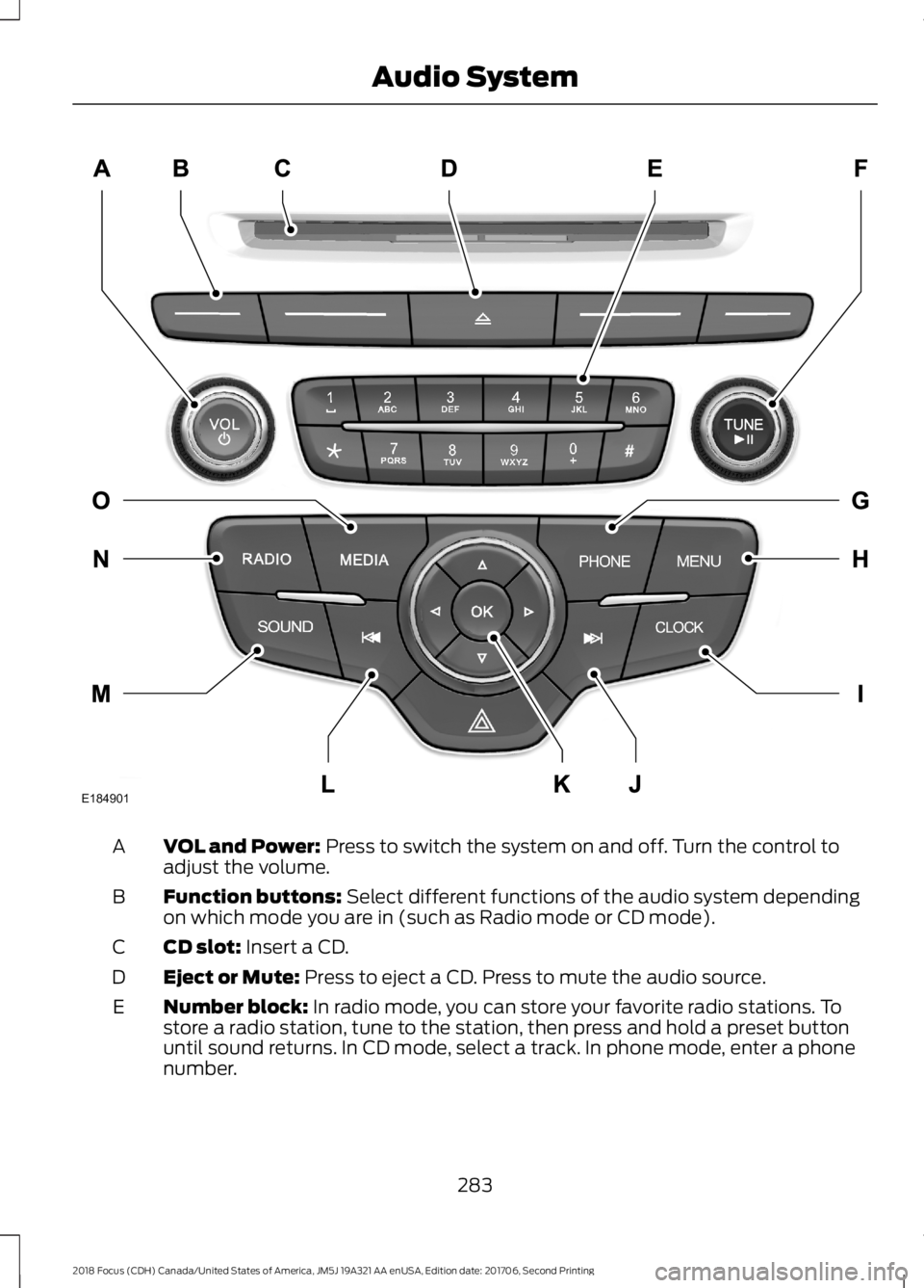 FORD FOCUS 2018 Owners Manual VOL and Power: Press to switch the system on and off. Turn the control toadjust the volume.A
Function buttons: Select different functions of the audio system dependingon which mode you are in (such as FORD FOCUS 2018 Owners Manual VOL and Power: Press to switch the system on and off. Turn the control toadjust the volume.A
Function buttons: Select different functions of the audio system dependingon which mode you are in (such as