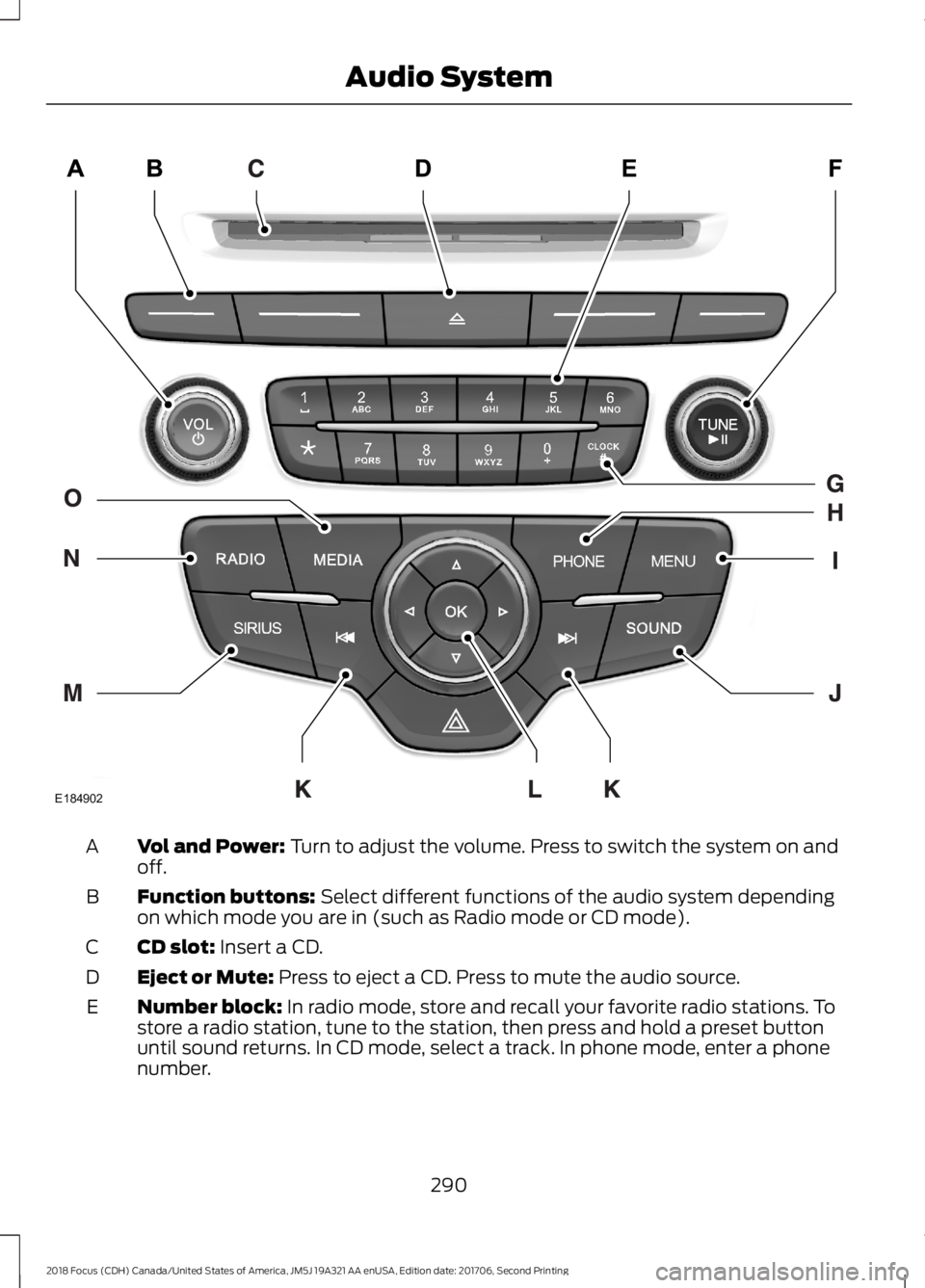 FORD FOCUS 2018 Owners Manual Vol and Power: Turn to adjust the volume. Press to switch the system on andoff.A
Function buttons: Select different functions of the audio system dependingon which mode you are in (such as Radio mode FORD FOCUS 2018 Owners Manual Vol and Power: Turn to adjust the volume. Press to switch the system on andoff.A
Function buttons: Select different functions of the audio system dependingon which mode you are in (such as Radio mode
