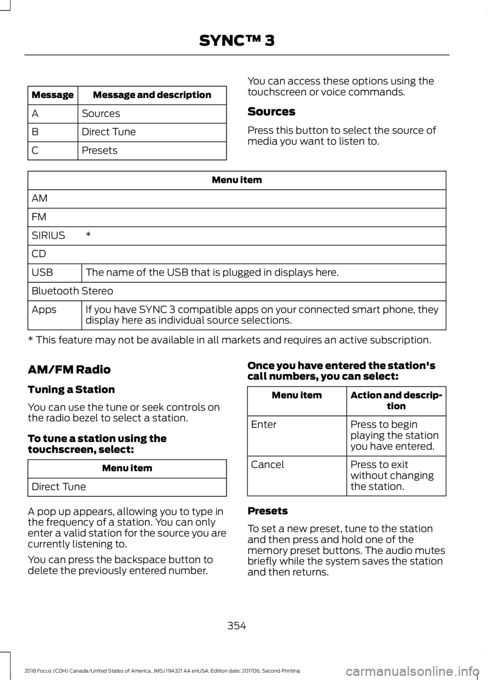 FORD FOCUS 2018 Owners Manual Message and descriptionMessage
SourcesA
Direct TuneB
PresetsC
You can access these options using thetouchscreen or voice commands.
Sources
Press this button to select the source ofmedia you want to li FORD FOCUS 2018 Owners Manual Message and descriptionMessage
SourcesA
Direct TuneB
PresetsC
You can access these options using thetouchscreen or voice commands.
Sources
Press this button to select the source ofmedia you want to li