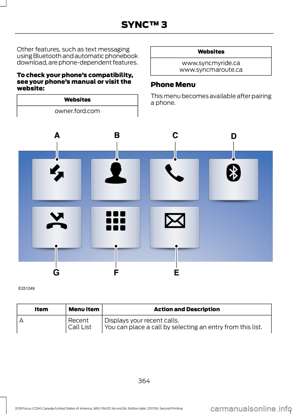 FORD FOCUS 2018 Owners Manual Other features, such as text messagingusing Bluetooth and automatic phonebookdownload, are phone-dependent features.
To check your phone’s compatibility,see your phone’s manual or visit thewebsite FORD FOCUS 2018 Owners Manual Other features, such as text messagingusing Bluetooth and automatic phonebookdownload, are phone-dependent features.
To check your phone’s compatibility,see your phone’s manual or visit thewebsite