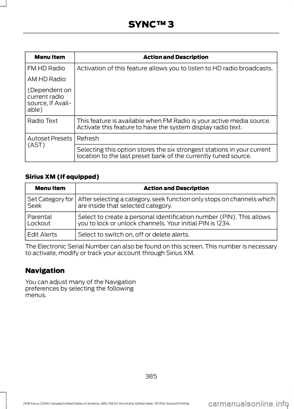 FORD FOCUS 2018 Owners Manual Action and DescriptionMenu Item
Activation of this feature allows you to listen to HD radio broadcasts.FM HD Radio
AM HD Radio
(Dependent oncurrent radiosource, If Avail-able)
This feature is availabl FORD FOCUS 2018 Owners Manual Action and DescriptionMenu Item
Activation of this feature allows you to listen to HD radio broadcasts.FM HD Radio
AM HD Radio
(Dependent oncurrent radiosource, If Avail-able)
This feature is availabl
