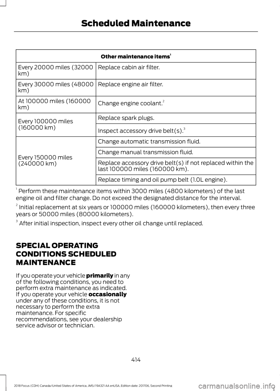 FORD FOCUS 2018 Owners Manual Other maintenance items1
Replace cabin air filter.Every 20000 miles (32000km)
Replace engine air filter.Every 30000 miles (48000km)
Change engine coolant.2At 100000 miles (160000km)
Replace spark plug FORD FOCUS 2018 Owners Manual Other maintenance items1
Replace cabin air filter.Every 20000 miles (32000km)
Replace engine air filter.Every 30000 miles (48000km)
Change engine coolant.2At 100000 miles (160000km)
Replace spark plug