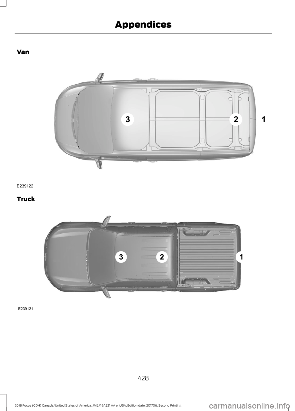 FORD FOCUS 2018  Owners Manual Van
Truck
4282018 Focus (CDH) Canada/United States of America, JM5J 19A321 AA enUSA, Edition date: 201706, Second PrintingAppendicesE239122 E239121  