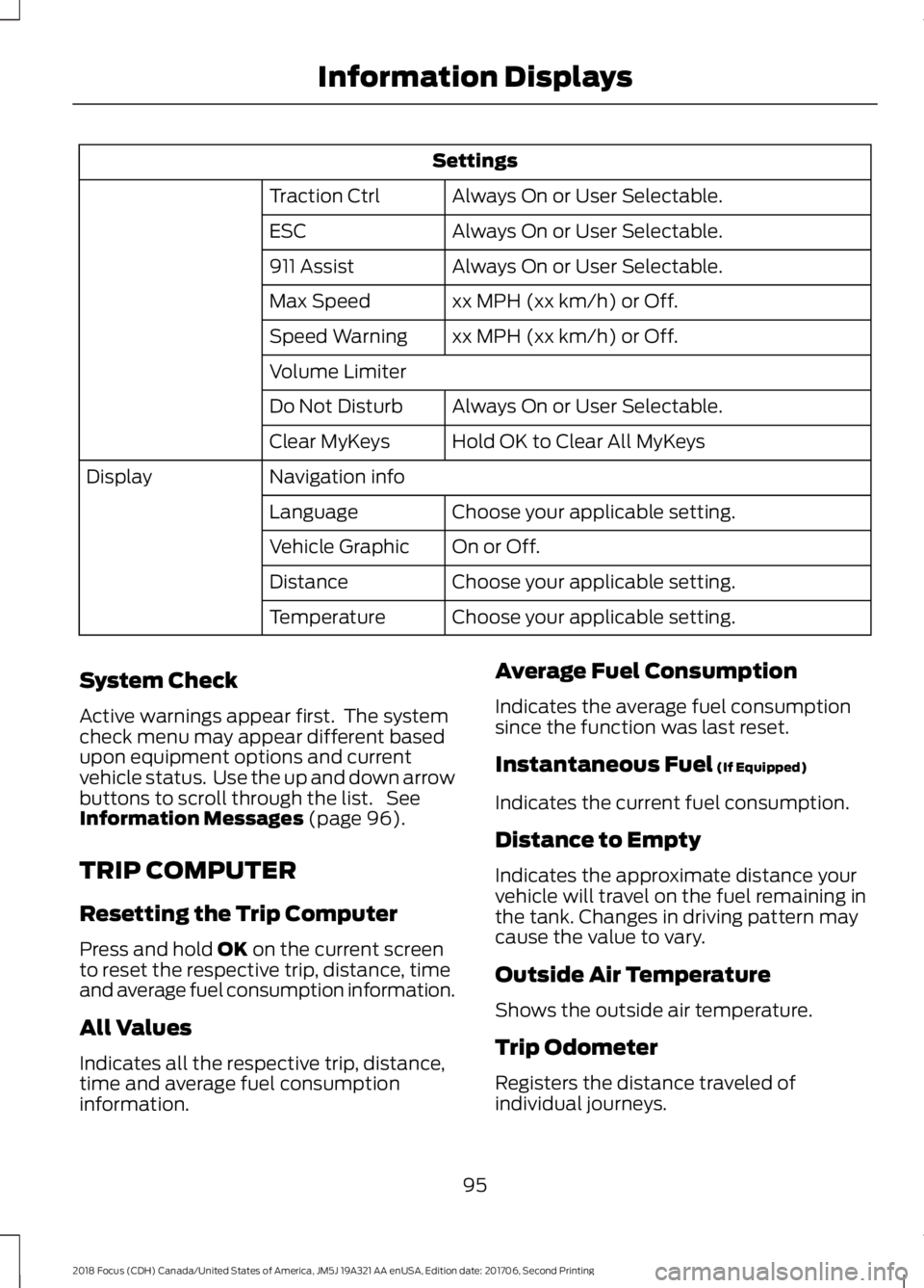 FORD FOCUS 2018 Owners Manual Settings
Always On or User Selectable.Traction Ctrl
Always On or User Selectable.ESC
Always On or User Selectable.911 Assist
xx MPH (xx km/h) or Off.Max Speed
xx MPH (xx km/h) or Off.Speed Warning
Vol FORD FOCUS 2018 Owners Manual Settings
Always On or User Selectable.Traction Ctrl
Always On or User Selectable.ESC
Always On or User Selectable.911 Assist
xx MPH (xx km/h) or Off.Max Speed
xx MPH (xx km/h) or Off.Speed Warning
Vol