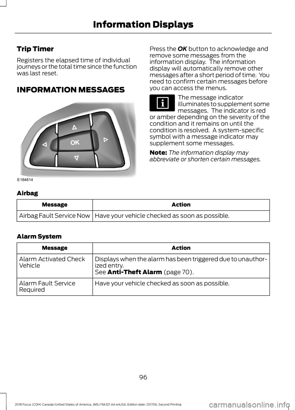 FORD FOCUS 2018 Owners Manual Trip Timer
Registers the elapsed time of individualjourneys or the total time since the functionwas last reset.
INFORMATION MESSAGES
Press the OK button to acknowledge andremove some messages from the FORD FOCUS 2018 Owners Manual Trip Timer
Registers the elapsed time of individualjourneys or the total time since the functionwas last reset.
INFORMATION MESSAGES
Press the OK button to acknowledge andremove some messages from the
