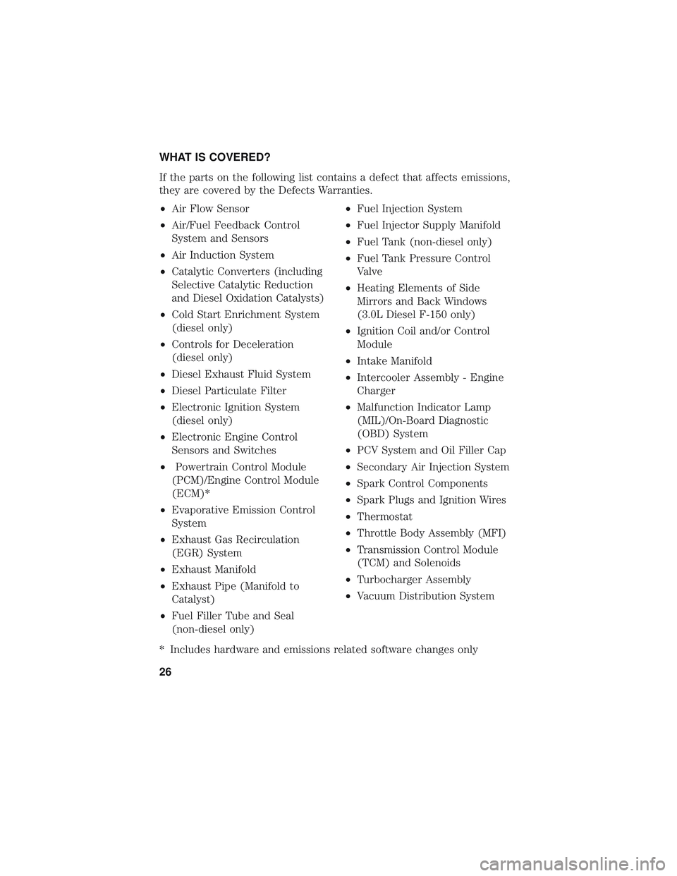 FORD FOCUS 2018 Warranty Guide WHAT IS COVERED?
If the parts on the following list contains a defect that affects emissions,
they are covered by the Defects Warranties.
•Air Flow Sensor
• Air/Fuel Feedback Control
System and Se FORD FOCUS 2018 Warranty Guide WHAT IS COVERED?
If the parts on the following list contains a defect that affects emissions,
they are covered by the Defects Warranties.
•Air Flow Sensor
• Air/Fuel Feedback Control
System and Se