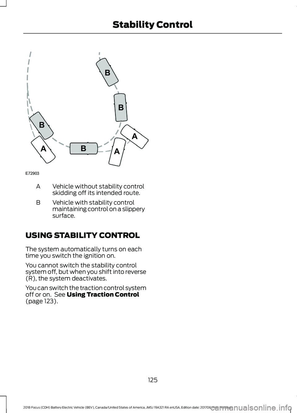 FORD FOCUS ELECTRIC 2018 Owners Manual Vehicle without stability control
skidding off its intended route.
A
Vehicle with stability control
maintaining control on a slippery
surface.
B
USING STABILITY CONTROL
The system automatically turns FORD FOCUS ELECTRIC 2018 Owners Manual Vehicle without stability control
skidding off its intended route.
A
Vehicle with stability control
maintaining control on a slippery
surface.
B
USING STABILITY CONTROL
The system automatically turns