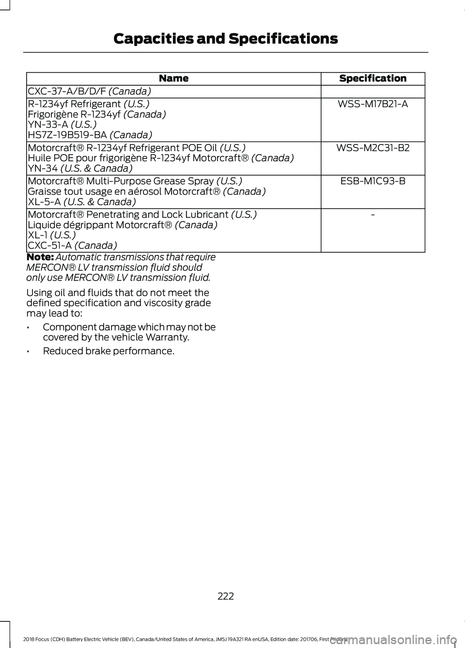 FORD FOCUS ELECTRIC 2018  Owners Manual Specification
Name
CXC-37-A/B/D/F (Canada) WSS-M17B21-A
R-1234yf Refrigerant
 (U.S.)
Frigorigène R-1234yf (Canada)
YN-33-A (U.S.)
HS7Z-19B519-BA (Canada)
WSS-M2C31-B2
Motorcraft® R-1234yf Refrigeran