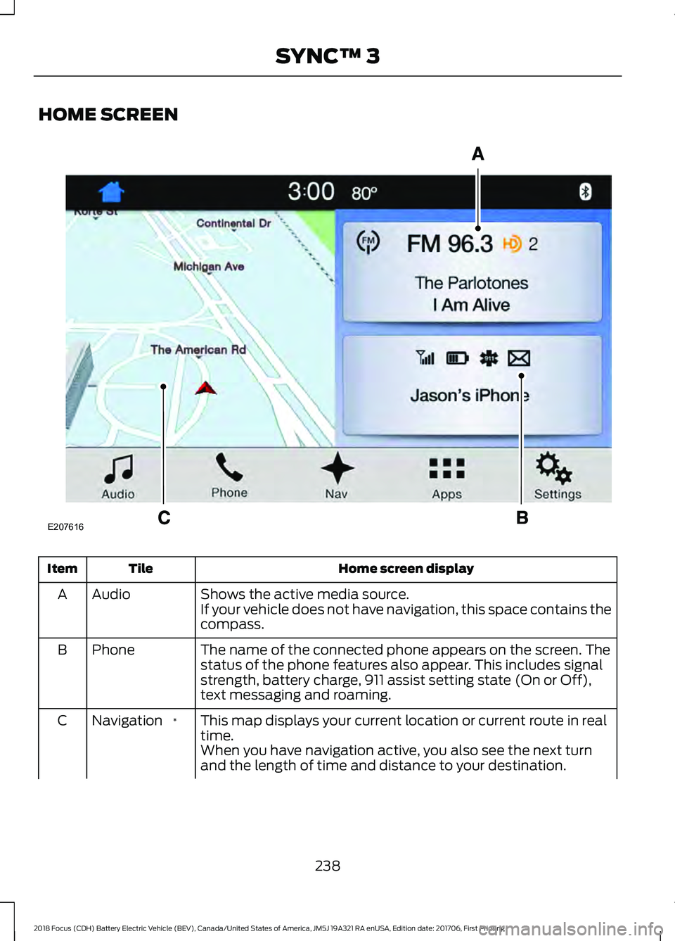 FORD FOCUS ELECTRIC 2018  Owners Manual HOME SCREEN
Home screen display
Tile
Item
Shows the active media source.
Audio
A
If your vehicle does not have navigation, this space contains the
compass.
The name of the connected phone appears on t