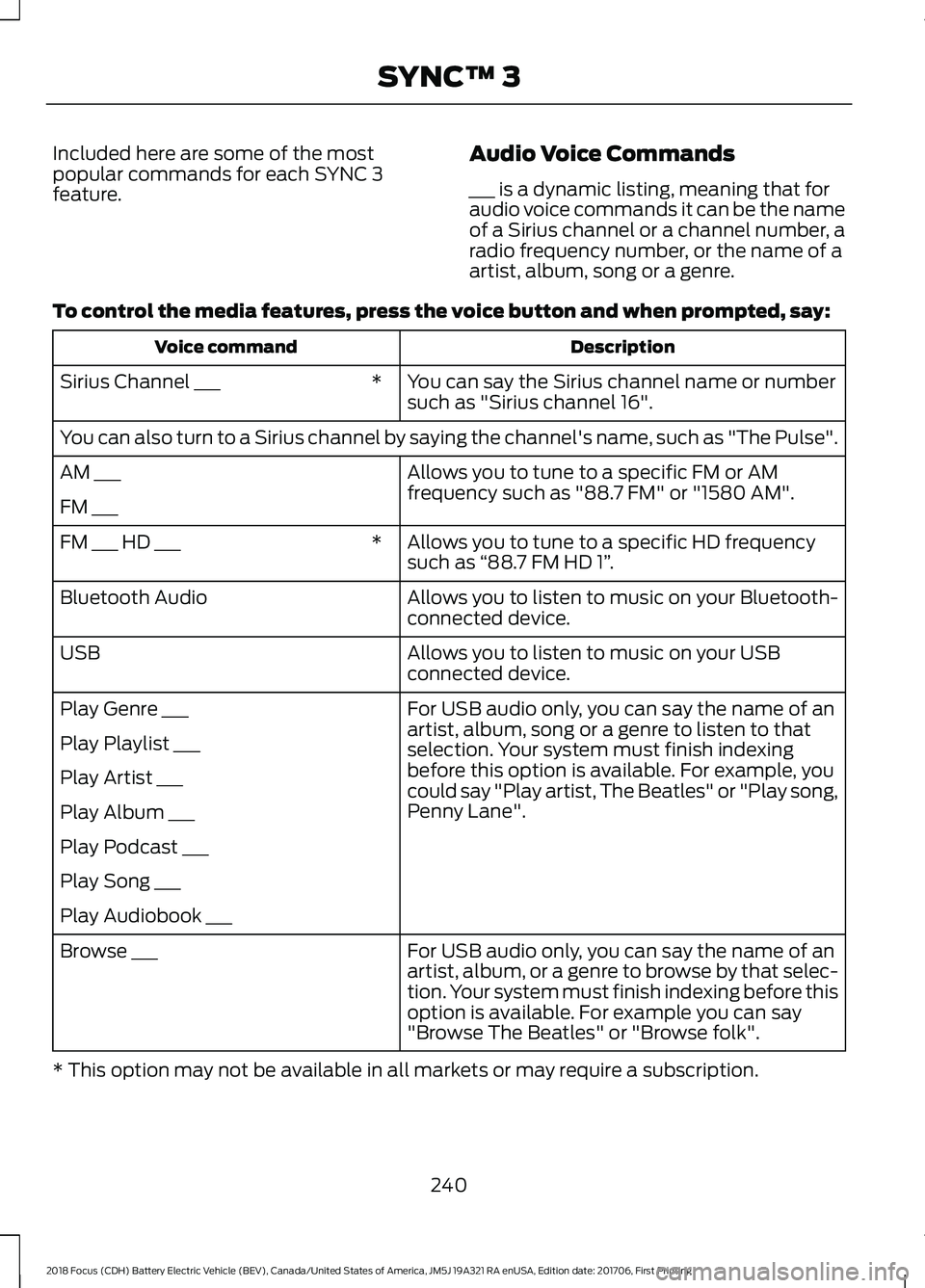 FORD FOCUS ELECTRIC 2018  Owners Manual Included here are some of the most
popular commands for each SYNC 3
feature.
Audio Voice Commands
___ is a dynamic listing, meaning that for
audio voice commands it can be the name
of a Sirius channel