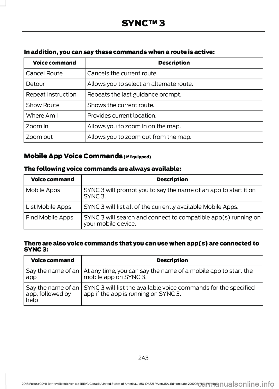 FORD FOCUS ELECTRIC 2018  Owners Manual In addition, you can say these commands when a route is active:
Description
Voice command
Cancels the current route.
Cancel Route
Allows you to select an alternate route.
Detour
Repeats the last guida