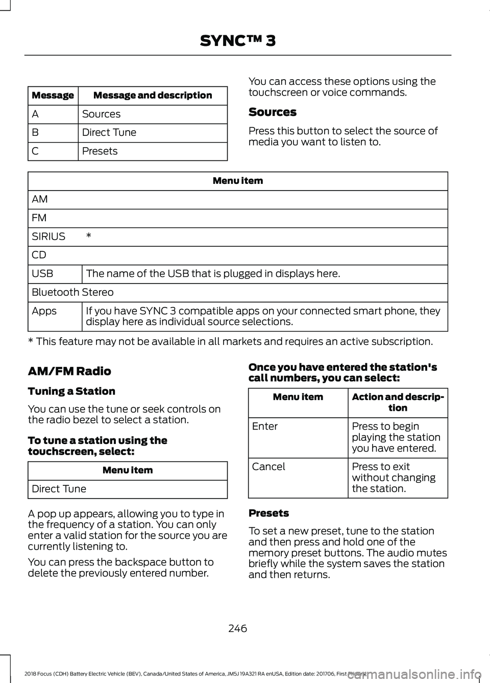 FORD FOCUS ELECTRIC 2018  Owners Manual Message and description
Message
Sources
A
Direct Tune
B
Presets
C You can access these options using the
touchscreen or voice commands.
Sources
Press this button to select the source of
media you want