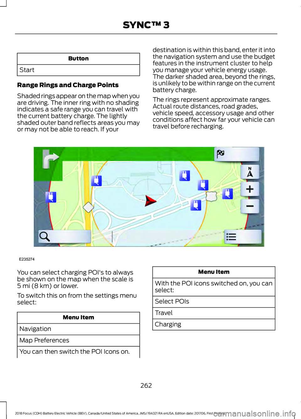 FORD FOCUS ELECTRIC 2018  Owners Manual Button
Start
Range Rings and Charge Points
Shaded rings appear on the map when you
are driving. The inner ring with no shading
indicates a safe range you can travel with
the current battery charge. Th