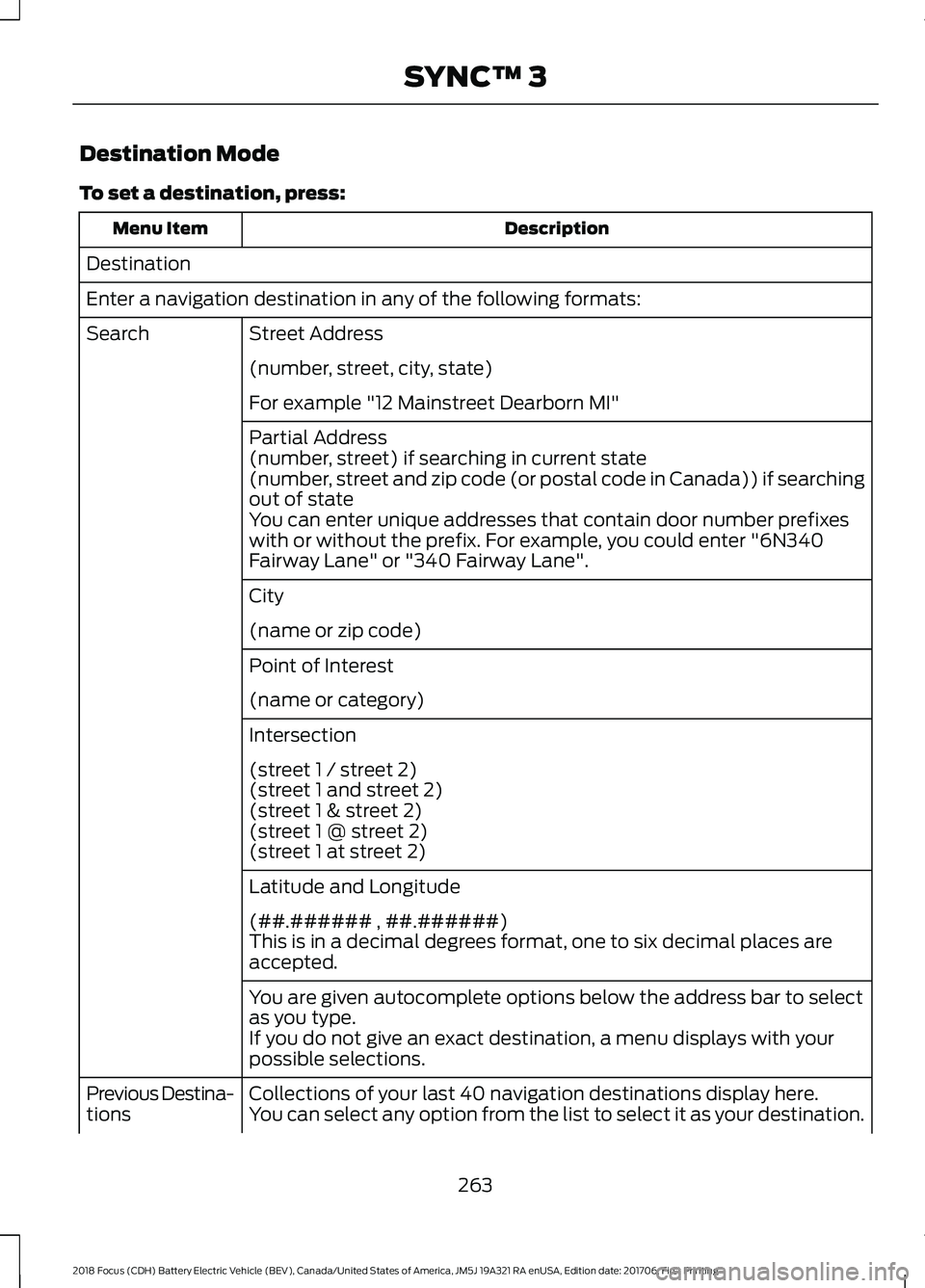 FORD FOCUS ELECTRIC 2018  Owners Manual Destination Mode
To set a destination, press:
Description
Menu Item
Destination
Enter a navigation destination in any of the following formats: Street Address
Search
(number, street, city, state)
For 