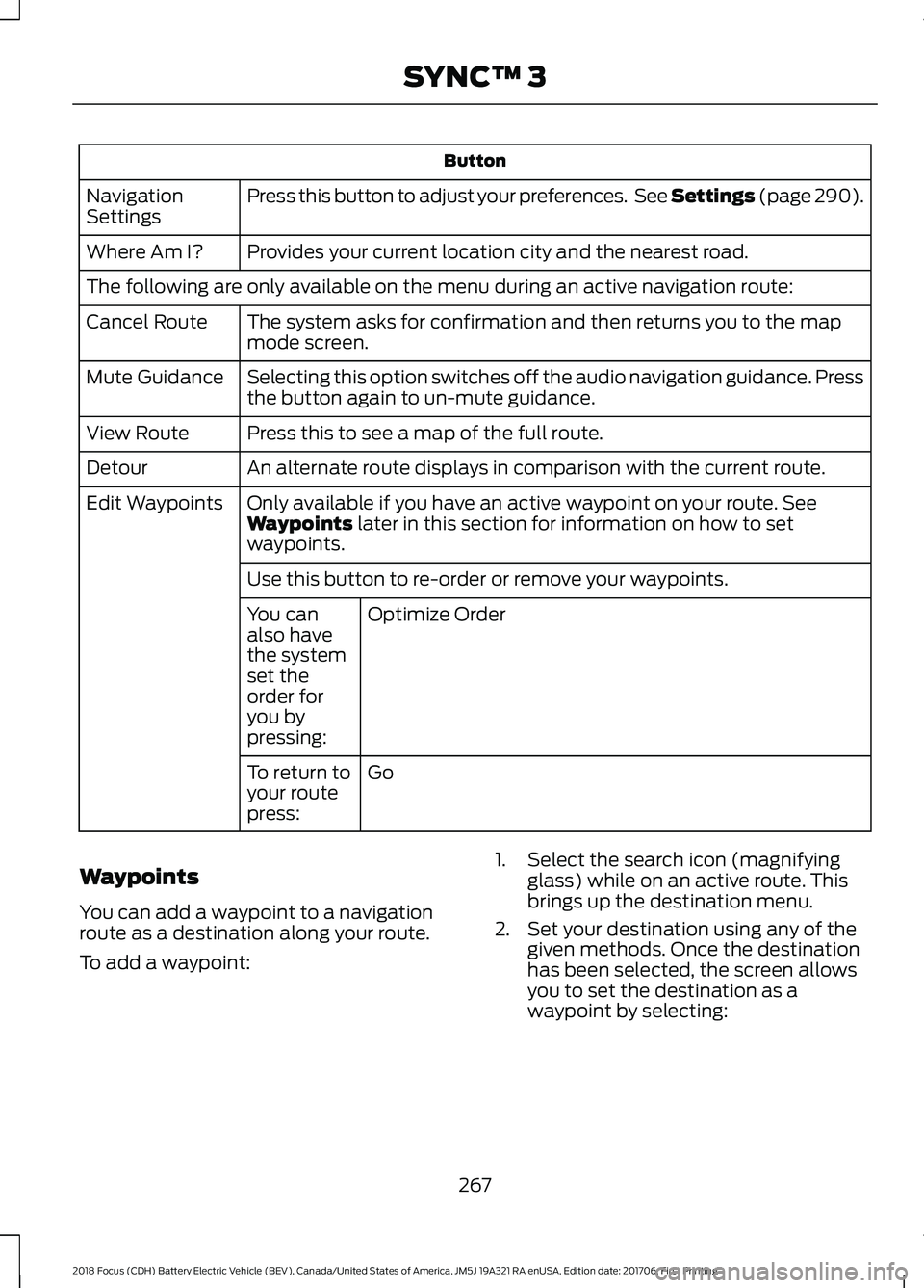 FORD FOCUS ELECTRIC 2018  Owners Manual Button
Press this button to adjust your preferences.  See Settings (page 290).
Navigation
Settings
Provides your current location city and the nearest road.
Where Am I?
The following are only availabl
