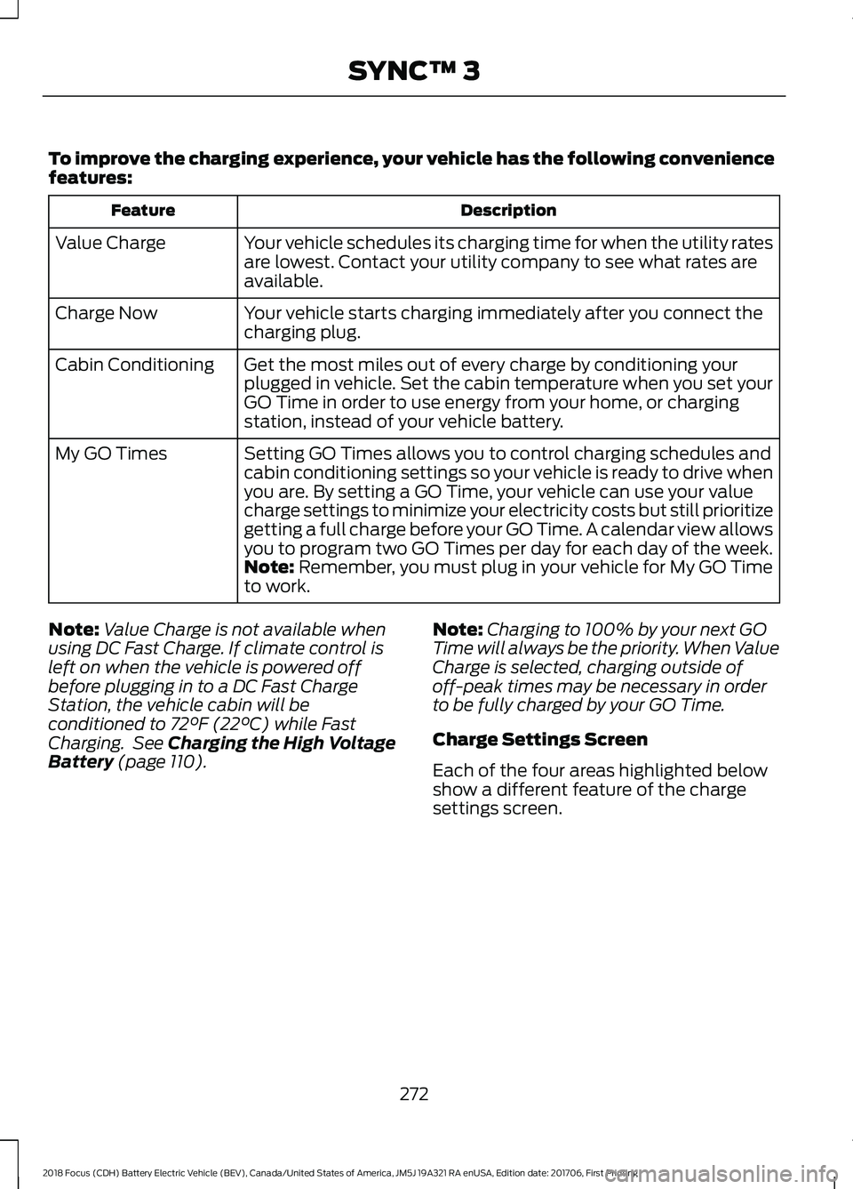 FORD FOCUS ELECTRIC 2018 Owners Manual To improve the charging experience, your vehicle has the following convenience
features:
Description
Feature
Your vehicle schedules its charging time for when the utility rates
are lowest. Contact you FORD FOCUS ELECTRIC 2018 Owners Manual To improve the charging experience, your vehicle has the following convenience
features:
Description
Feature
Your vehicle schedules its charging time for when the utility rates
are lowest. Contact you