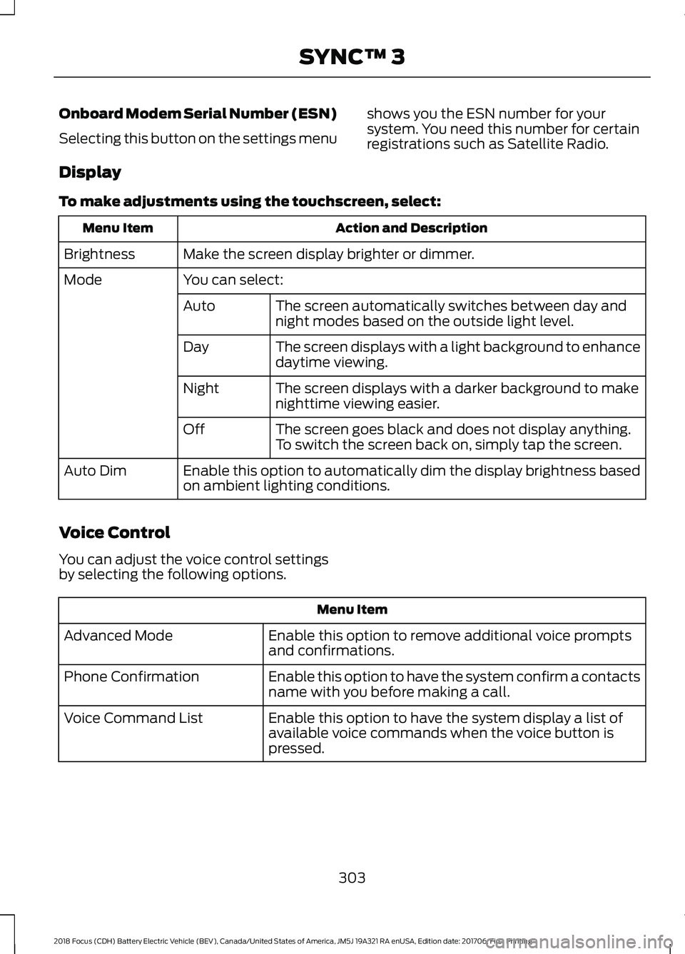 FORD FOCUS ELECTRIC 2018  Owners Manual Onboard Modem Serial Number (ESN)
Selecting this button on the settings menu
shows you the ESN number for your
system. You need this number for certain
registrations such as Satellite Radio.
Display
T