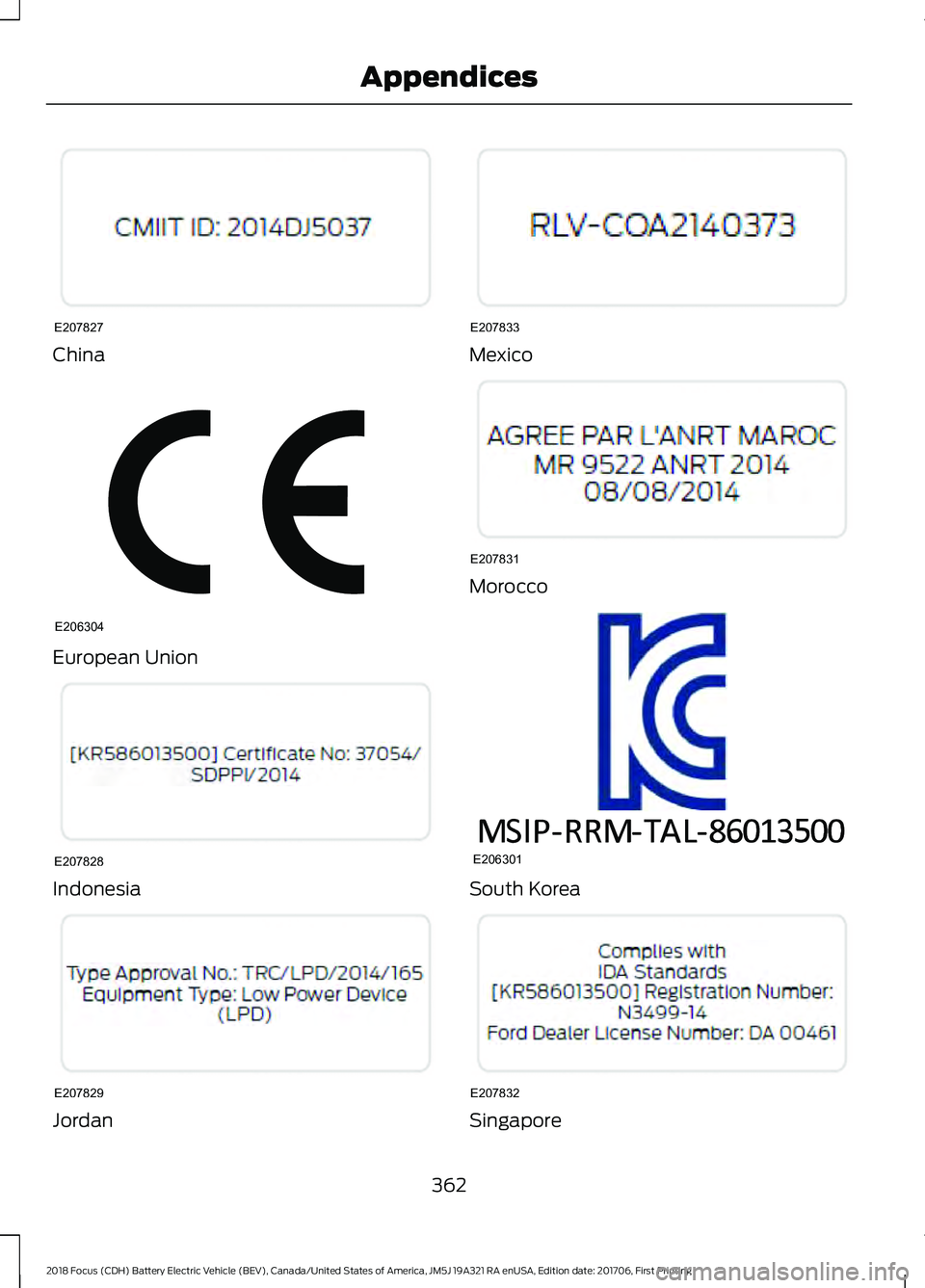 FORD FOCUS ELECTRIC 2018 Owners Manual China
European Union
Indonesia
Jordan Mexico
Morocco
South Korea
Singapore
362
2018 Focus (CDH) Battery Electric Vehicle (BEV), Canada/United States of America, JM5J 19A321 RA enUSA, Edition date: 201 FORD FOCUS ELECTRIC 2018 Owners Manual China
European Union
Indonesia
Jordan Mexico
Morocco
South Korea
Singapore
362
2018 Focus (CDH) Battery Electric Vehicle (BEV), Canada/United States of America, JM5J 19A321 RA enUSA, Edition date: 201