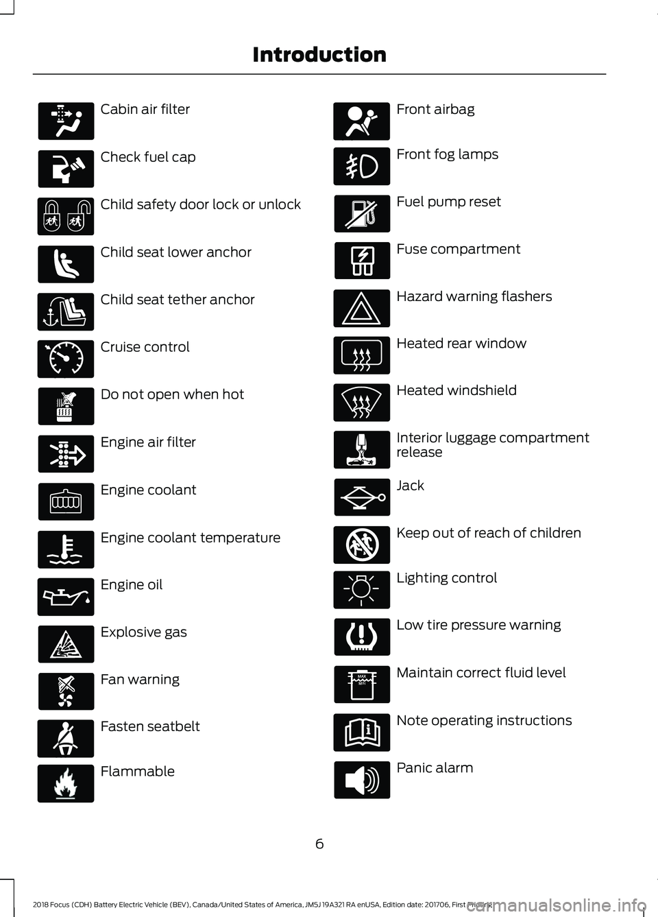 FORD FOCUS ELECTRIC 2018  Owners Manual Cabin air filter
Check fuel cap
Child safety door lock or unlock
Child seat lower anchor
Child seat tether anchor
Cruise control
Do not open when hot
Engine air filter
Engine coolant
Engine coolant te