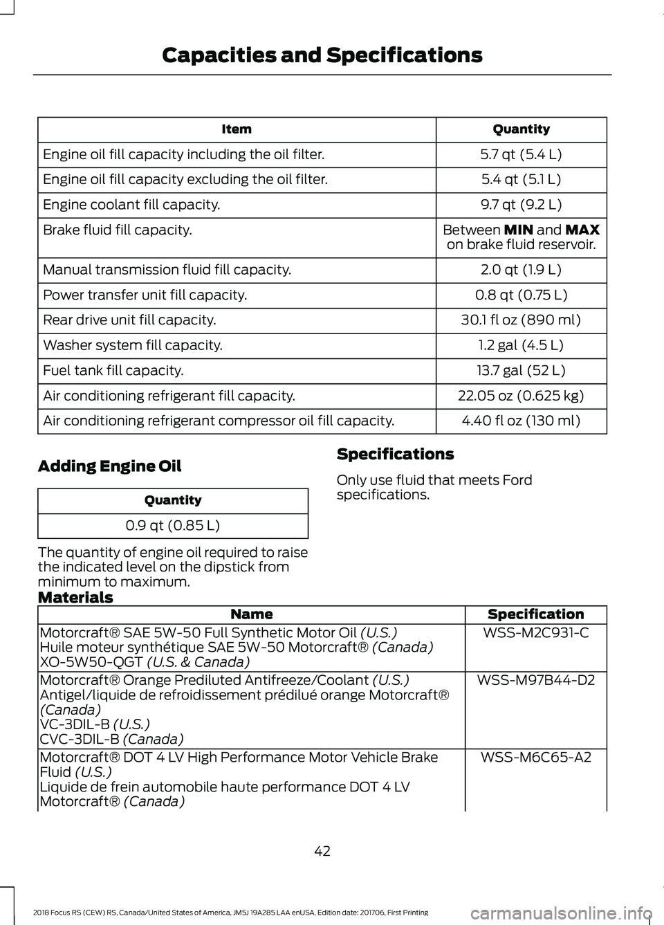 FORD FOCUS RS 2018 Service Manual QuantityItem
5.7 qt (5.4 L)Engine oil fill capacity including the oil filter.
5.4 qt (5.1 L)Engine oil fill capacity excluding the oil filter.
9.7 qt (9.2 L)Engine coolant fill capacity.
Between MIN a FORD FOCUS RS 2018 Service Manual QuantityItem
5.7 qt (5.4 L)Engine oil fill capacity including the oil filter.
5.4 qt (5.1 L)Engine oil fill capacity excluding the oil filter.
9.7 qt (9.2 L)Engine coolant fill capacity.
Between MIN a
