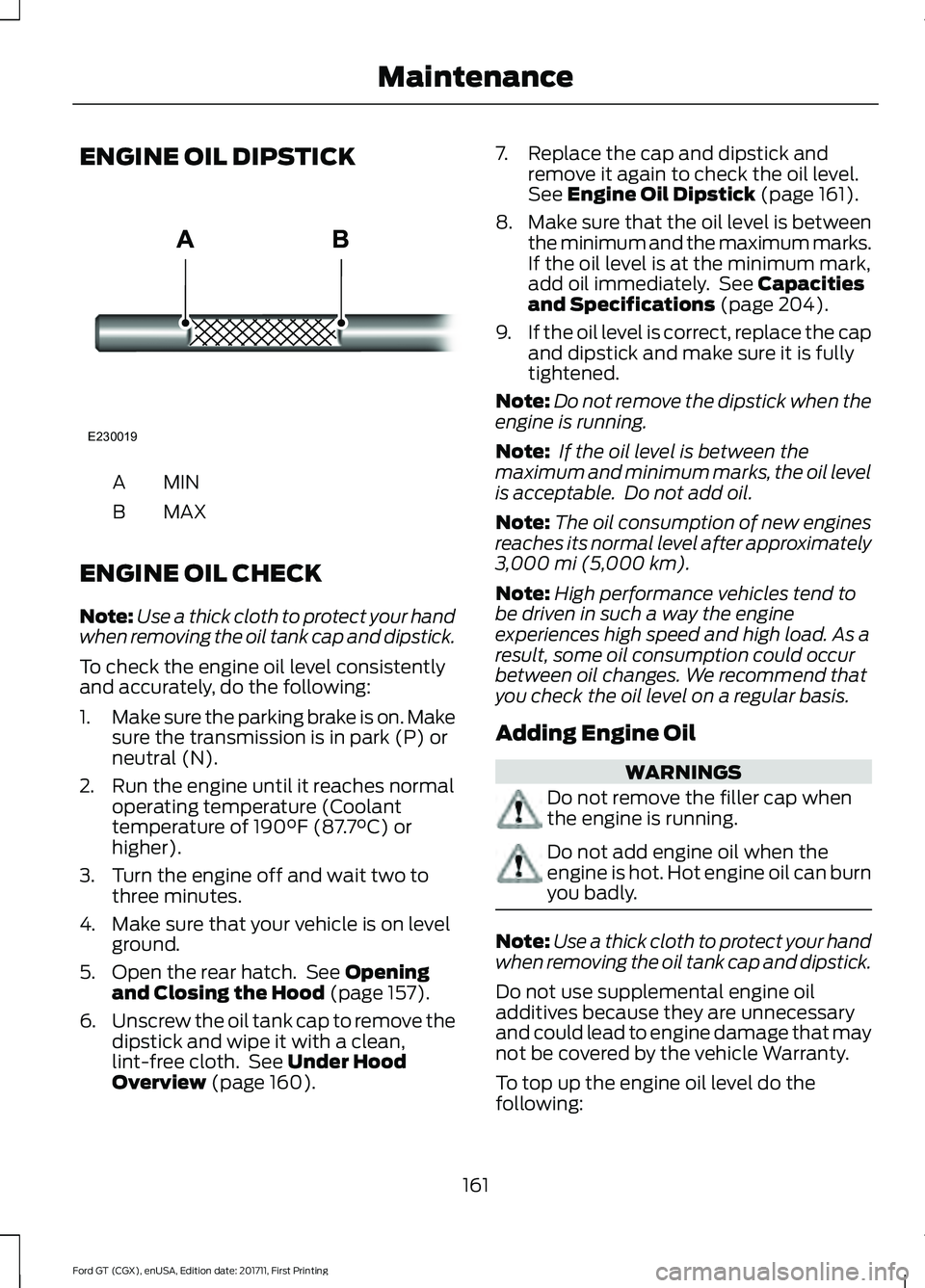 FORD GT 2018 Owners Manual ENGINE OIL DIPSTICK
MINA
MAX
B
ENGINE OIL CHECK
Note: Use a thick cloth to protect your hand
when removing the oil tank cap and dipstick.
To check the engine oil level consistently
and accurately, do FORD GT 2018 Owners Manual ENGINE OIL DIPSTICK
MINA
MAX
B
ENGINE OIL CHECK
Note: Use a thick cloth to protect your hand
when removing the oil tank cap and dipstick.
To check the engine oil level consistently
and accurately, do