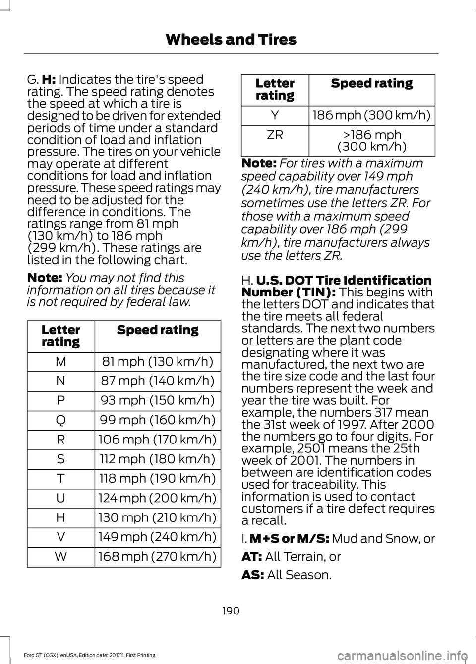 FORD GT 2018 Owners Manual G.
H: Indicates the tire's speed
rating. The speed rating denotes
the speed at which a tire is
designed to be driven for extended
periods of time under a standard
condition of load and inflation
p FORD GT 2018 Owners Manual G.
H: Indicates the tire's speed
rating. The speed rating denotes
the speed at which a tire is
designed to be driven for extended
periods of time under a standard
condition of load and inflation
p