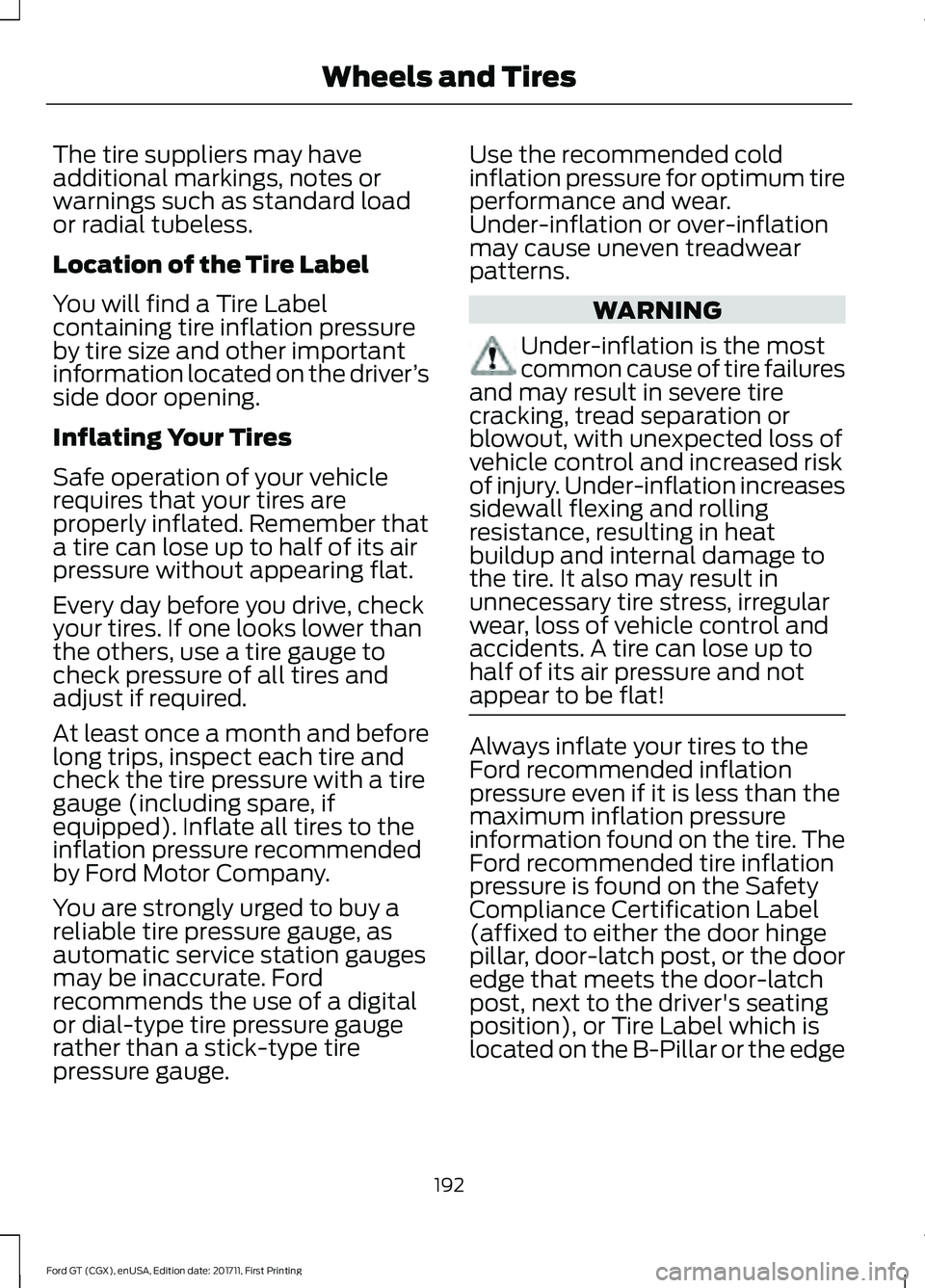 FORD GT 2018 Owners Manual The tire suppliers may have
additional markings, notes or
warnings such as standard load
or radial tubeless.
Location of the Tire Label
You will find a Tire Label
containing tire inflation pressure
by FORD GT 2018 Owners Manual The tire suppliers may have
additional markings, notes or
warnings such as standard load
or radial tubeless.
Location of the Tire Label
You will find a Tire Label
containing tire inflation pressure
by